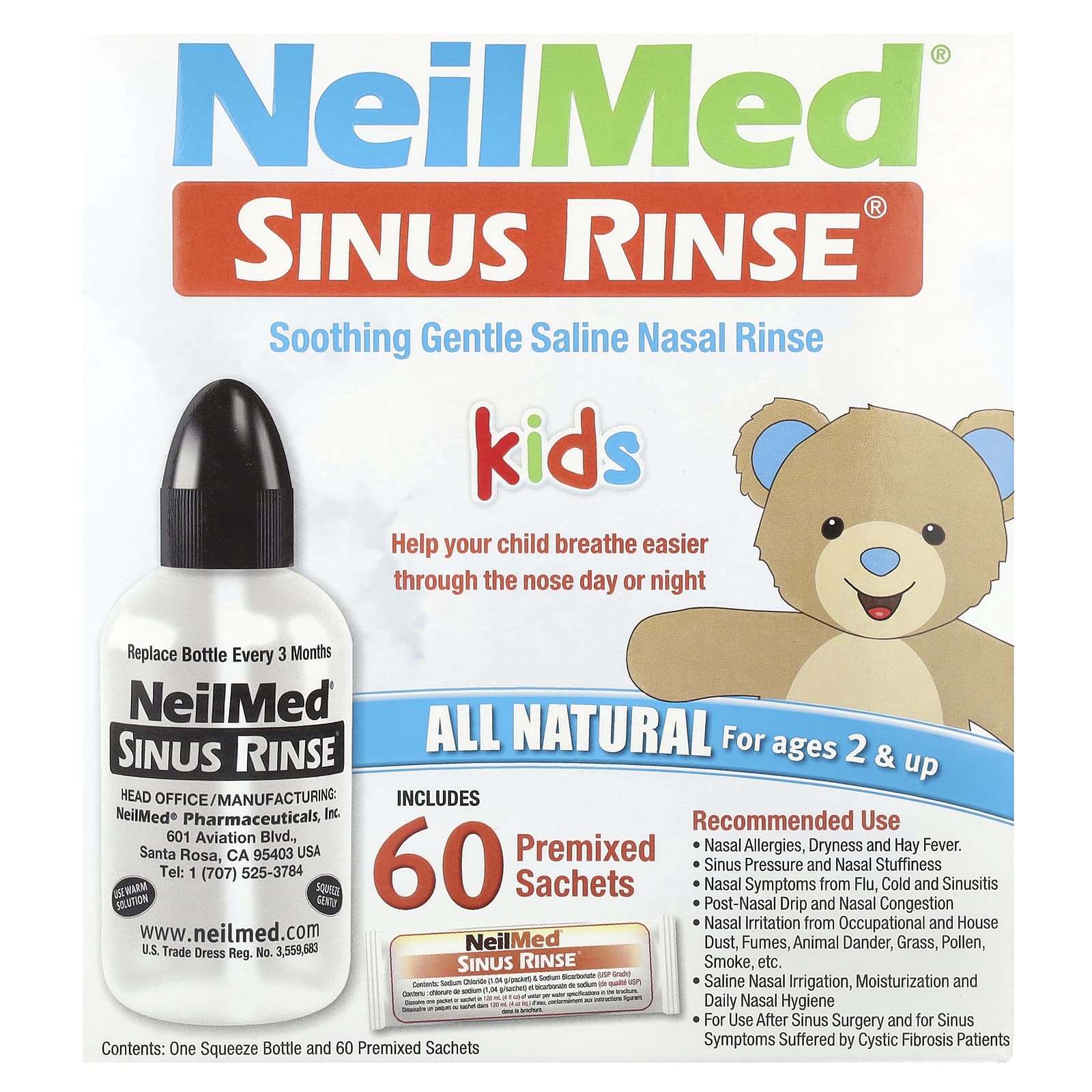 NeilMed, Kids, Sinus Rinse®, Ages 2+, 1 Squeeze Bottle, 60 Premixed Packets - Image 1