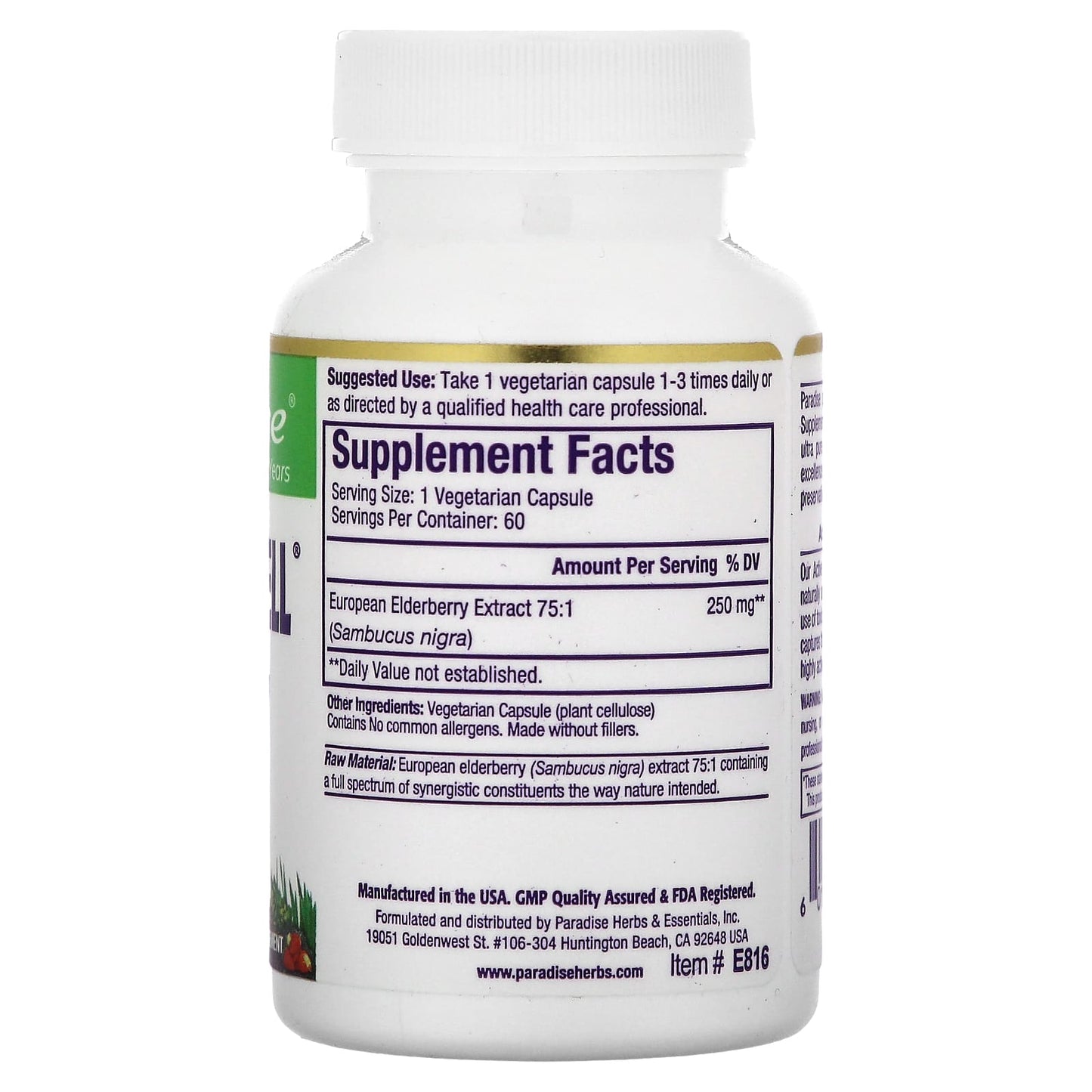 Paradise Herbs, Sambuca-Well, European Elderberry, 250 mg, 60 Vegetarian Capsules - Image 2