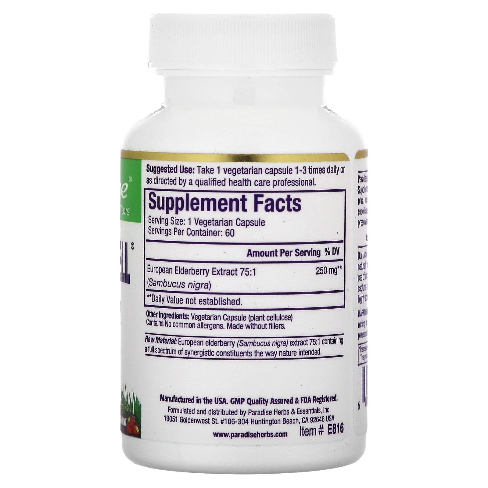 Paradise Herbs, Sambuca-Well, European Elderberry, 250 mg, 60 Vegetarian Capsules - Image 2