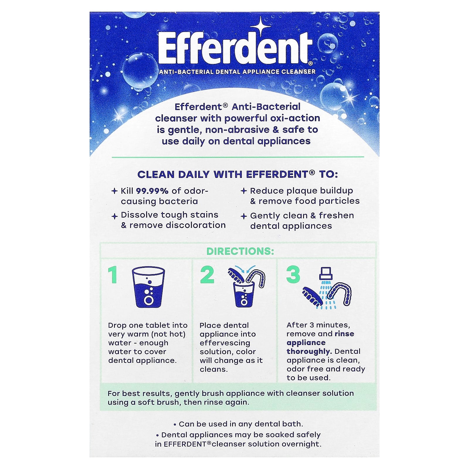 Efferdent Anti-Bacterial Dental Appliance Cleanser 90 Tablets Minty Fresh - Image 2