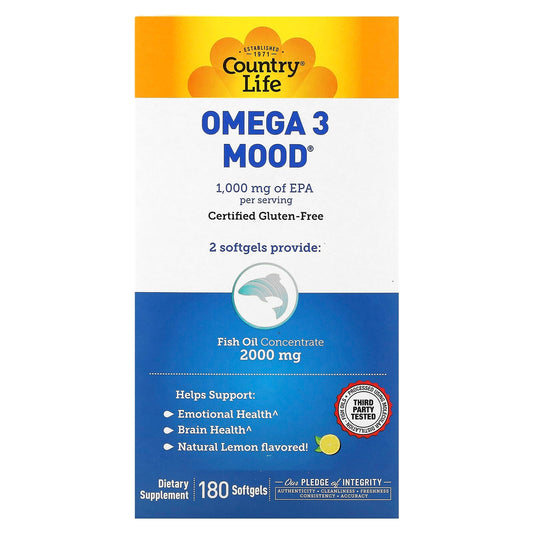 Country Life Omega 3 Mood, Natural Lemon, 180 Softgels - Brain & Emotional Health - Image 1