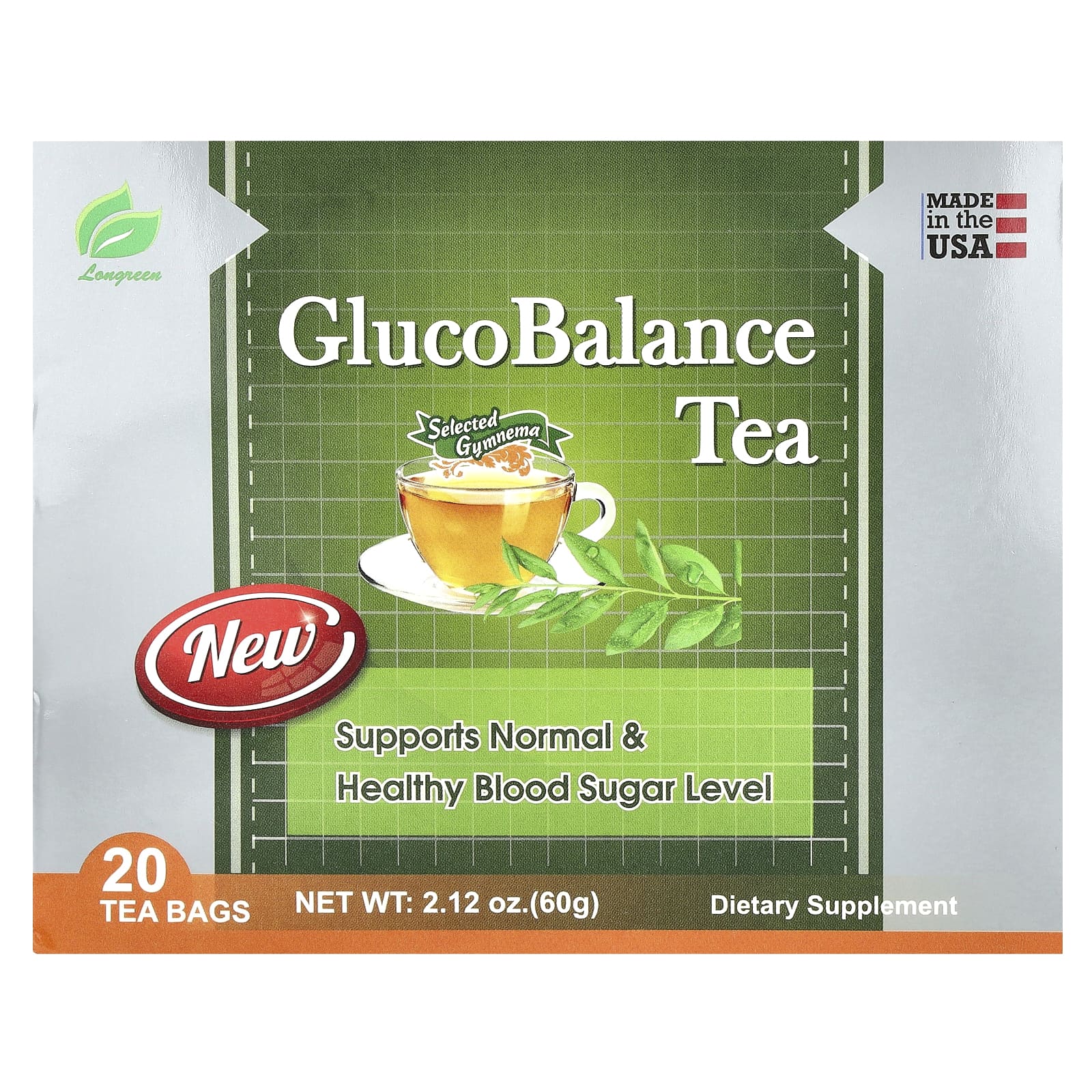 Longreen, GlucoBalance Tea, Selected Gymnema, 20 Tea Bags, 2.12 oz (60 g)