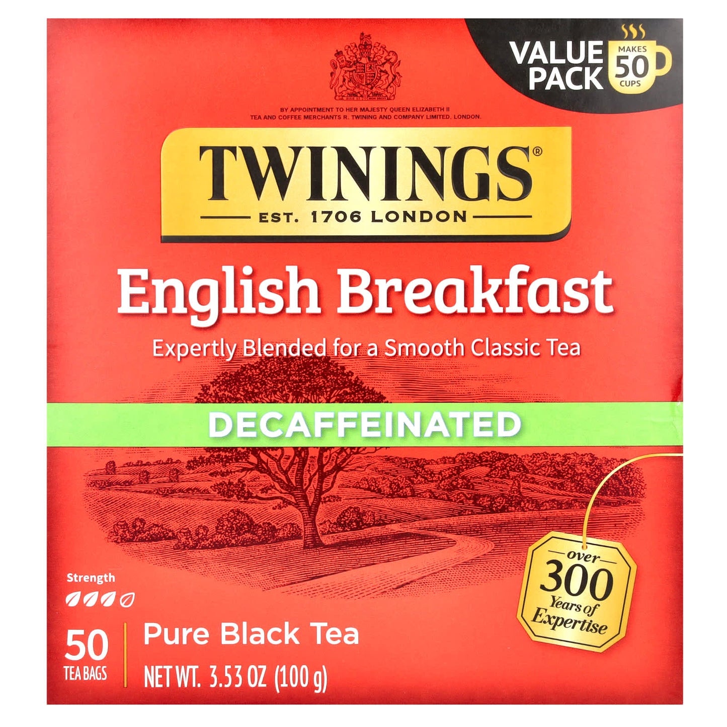 Twinings, English Breakfast, Pure Black Tea, Decaffeinated,  50 Tea Bags, 3.53 oz (100 g) - Image 1