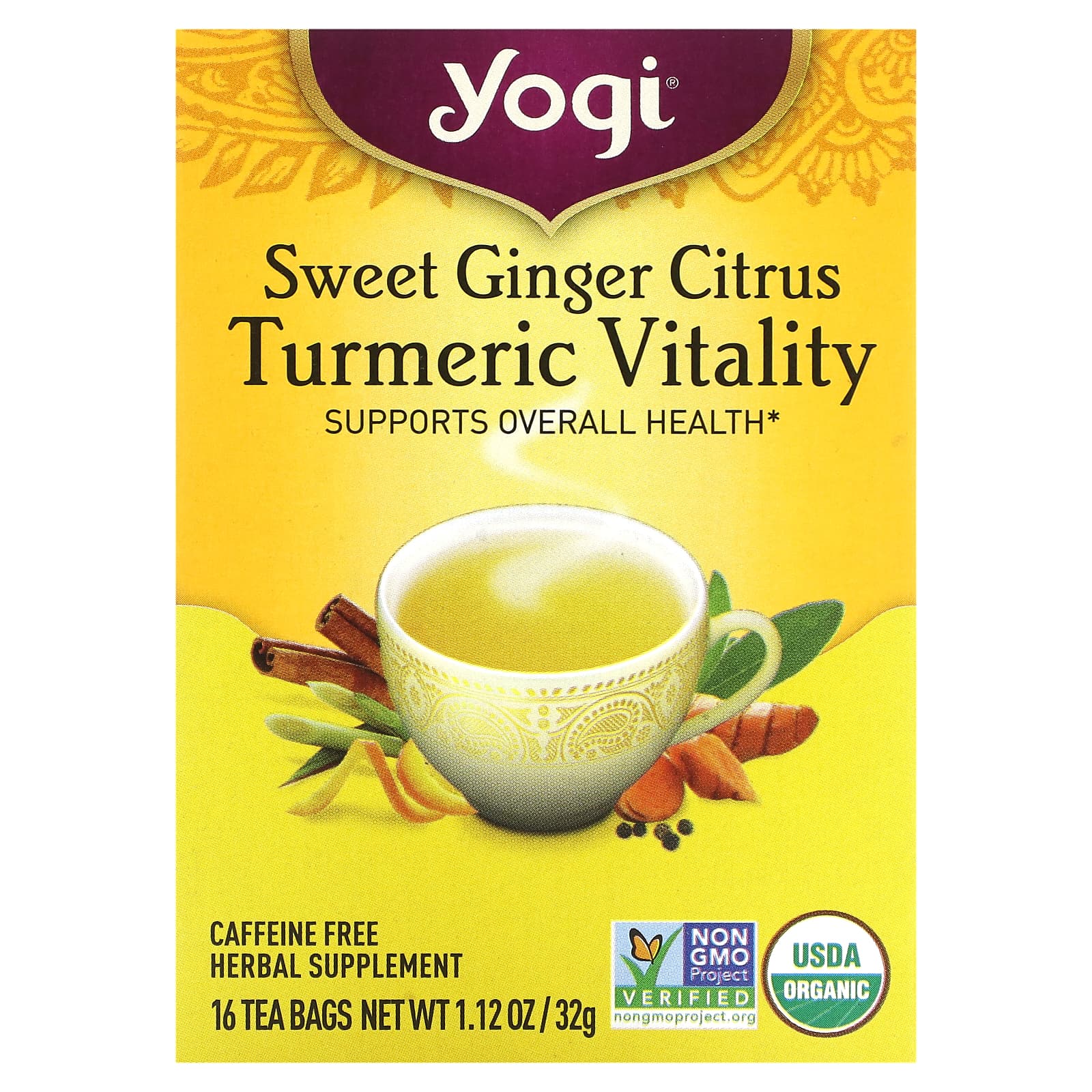 Yogi Tea, Sweet Ginger Citrus Turmeric Vitality, Caffeine Free, 16 Tea Bags, 1.12 oz (32 g) - Image 1