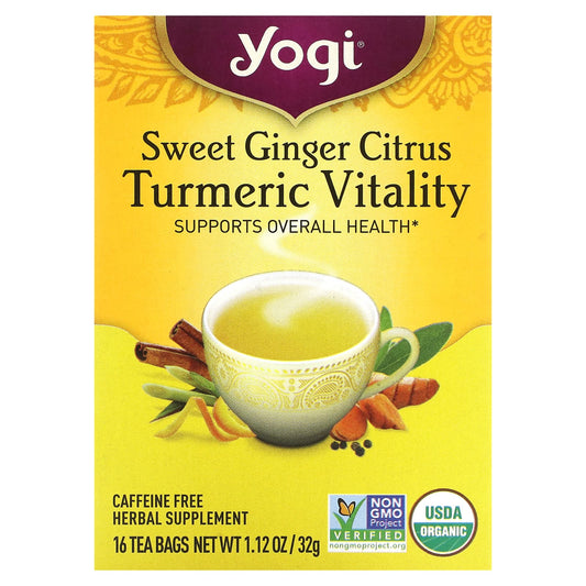 Yogi Tea, Sweet Ginger Citrus Turmeric Vitality, Caffeine Free, 16 Tea Bags, 1.12 oz (32 g) - Image 1