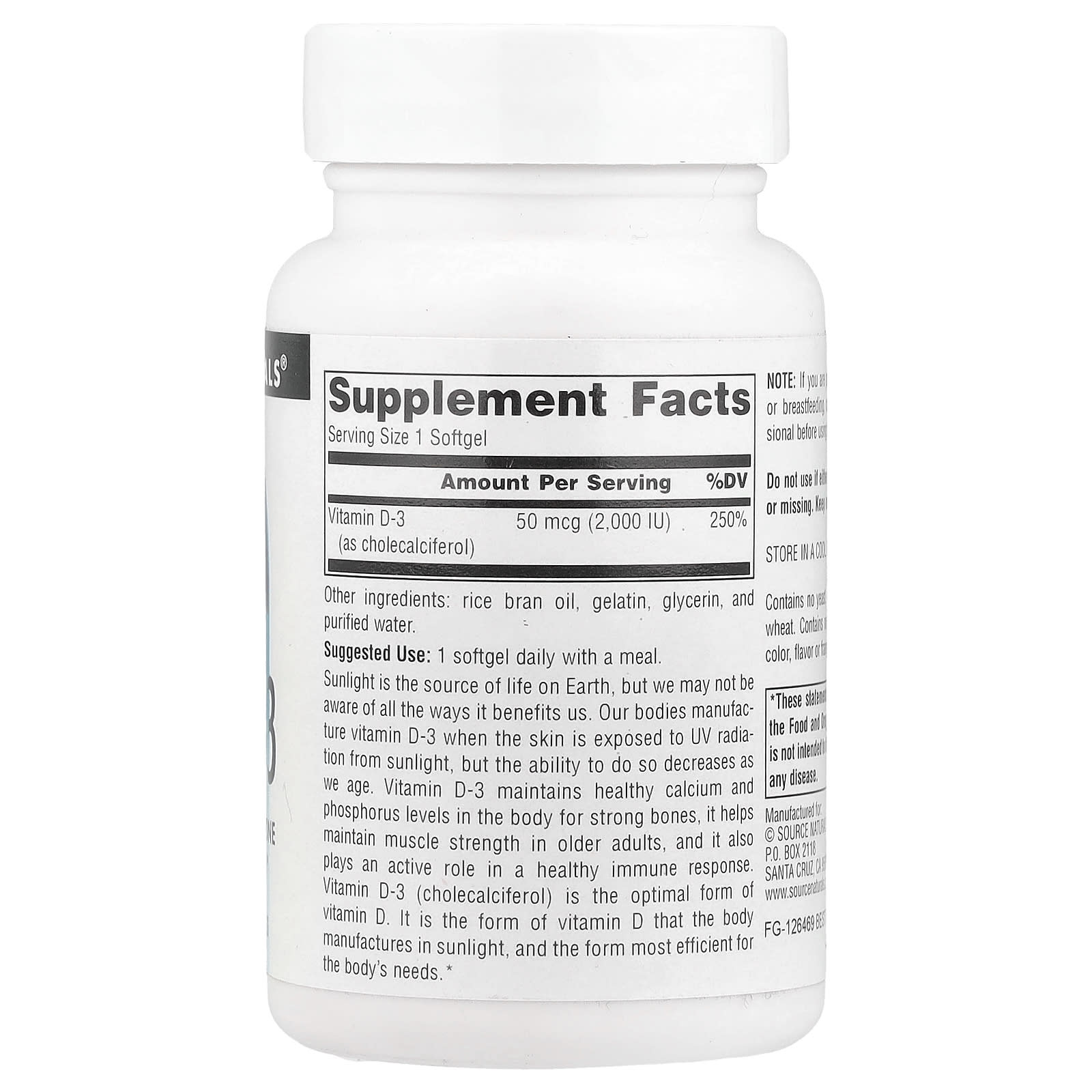 Source Naturals, Vitamin D-3, 50 mcg (2,000 IU), 200 Softgels - Image 2