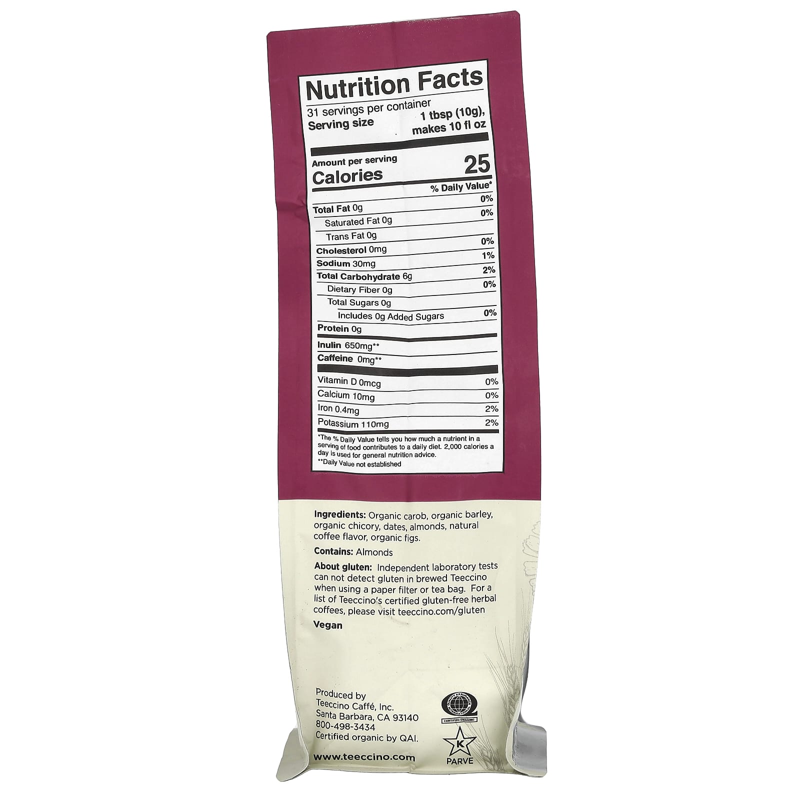 Teeccino, Chicory Herbal Coffee, Java, Medium Roast, Caffeine Free, 11 oz (312 g) - Image 2
