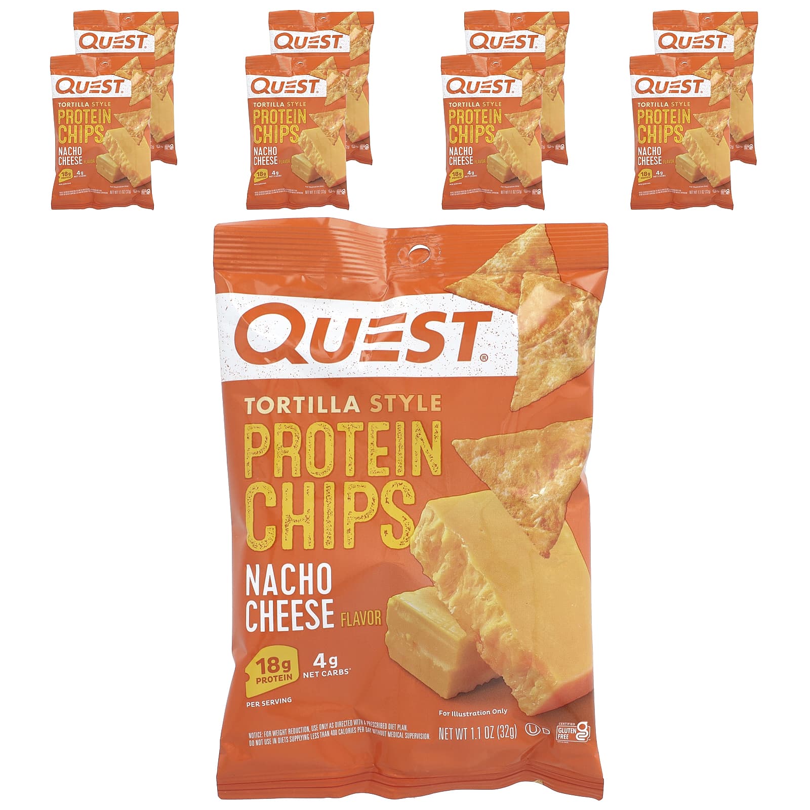 Quest Nutrition, Tortilla Style Protein Chips, Nacho Cheese, 8 Bags, 1.1 oz (32 g ) Each - Image 1