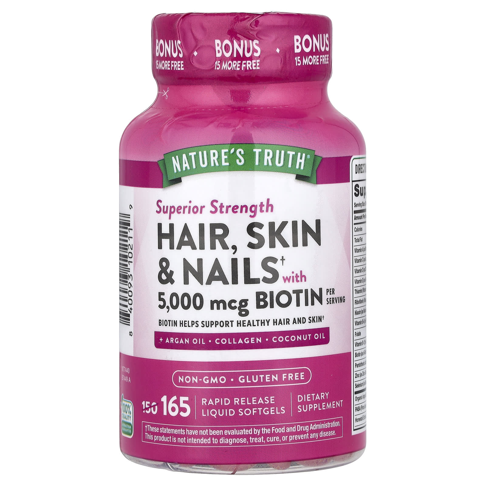 Nature's Truth, Hair, Skin & Nails with Biotin, Superior Strength, 165 Rapid Release Liquid Softgels - Image 1