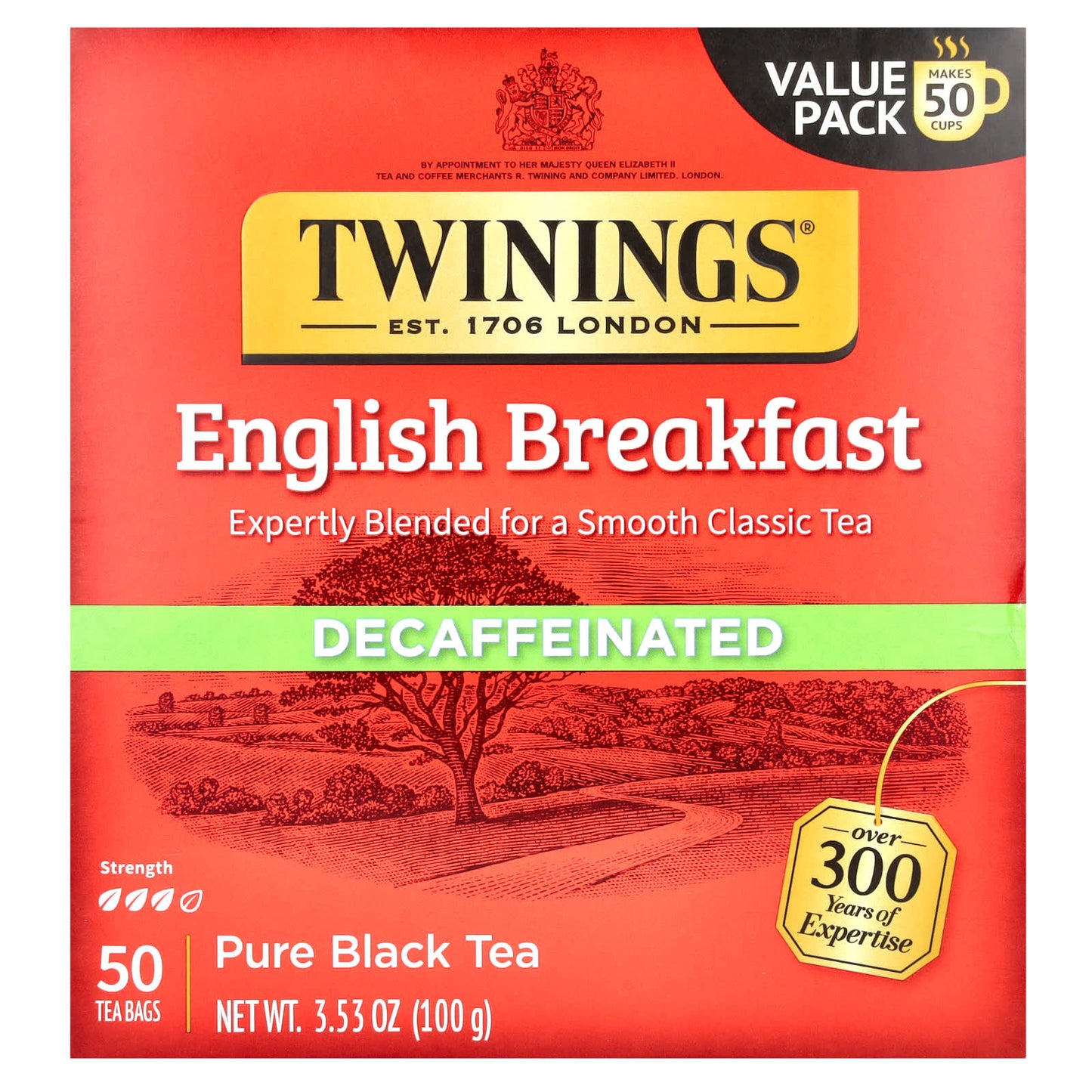 Twinings, English Breakfast, Pure Black Tea, Decaffeinated,  50 Tea Bags, 3.53 oz (100 g) - Image 1