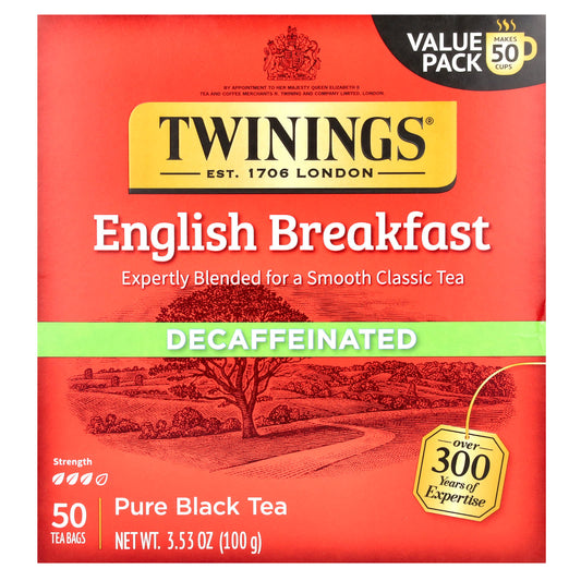 Twinings, English Breakfast, Pure Black Tea, Decaffeinated,  50 Tea Bags, 3.53 oz (100 g) - Image 1