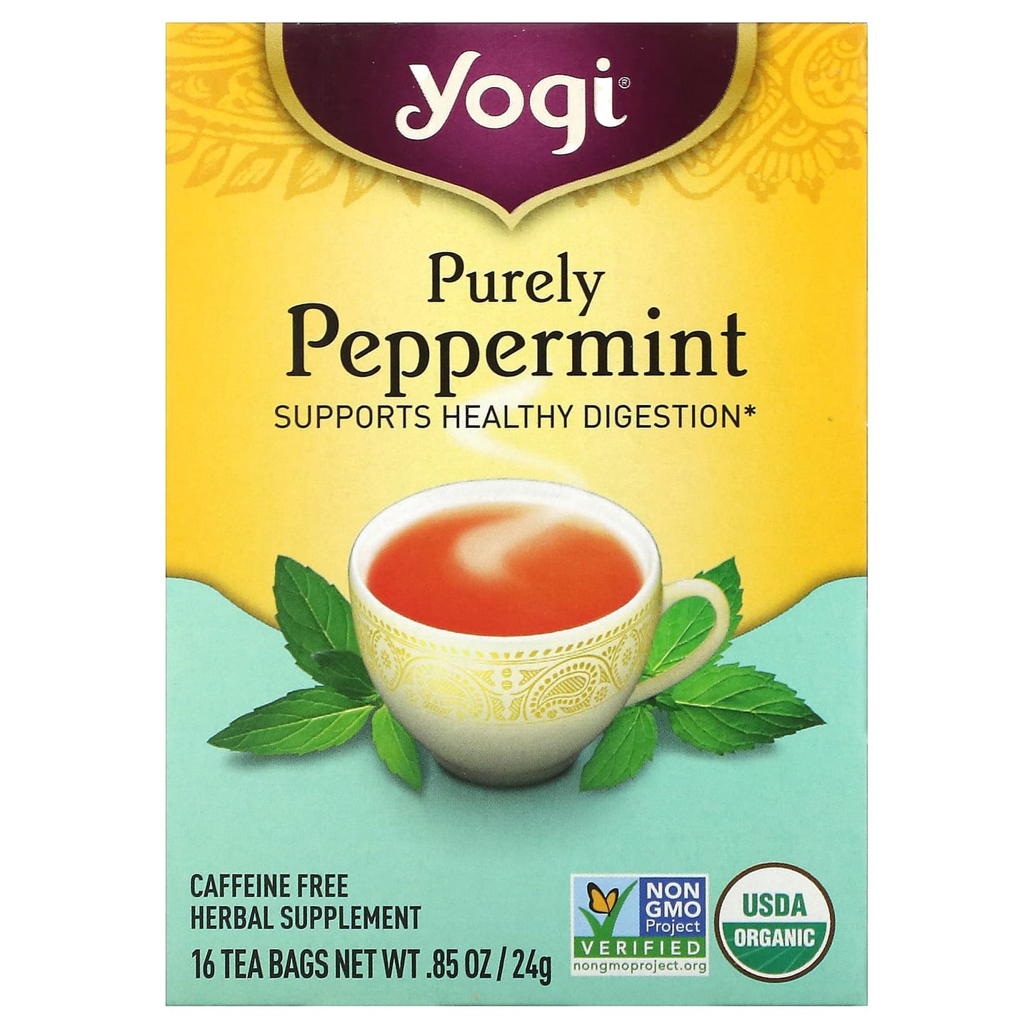 Yogi Tea, Purely Peppermint, Caffeine Free, 16 Tea Bags, 0.85 oz (24 g) - Image 1