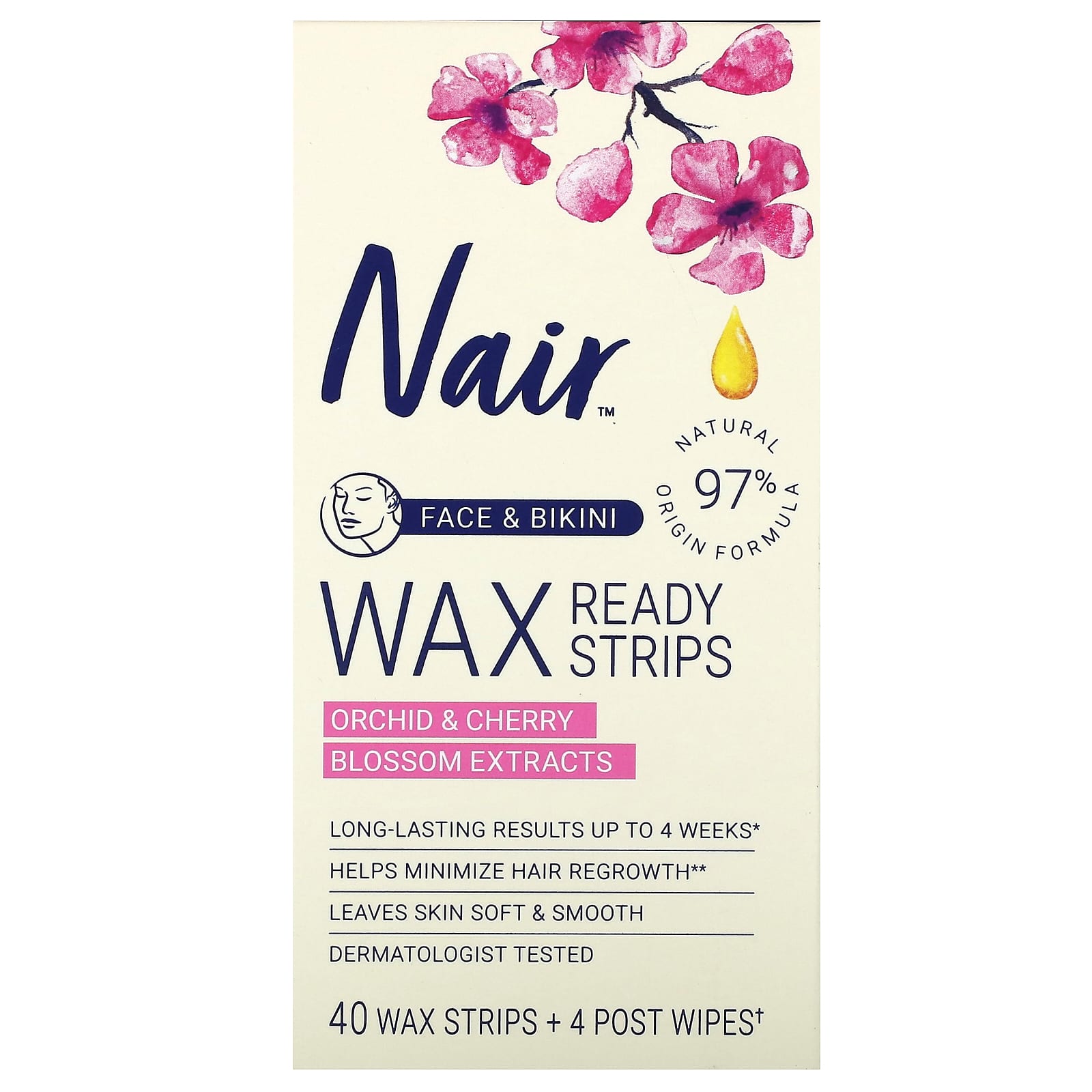 Nair, Wax Ready Strips, Face & Bikini, Orchid & Cherry Blossom Extracts, 40 Wax Strips + 4 Post Wipes - Image 1