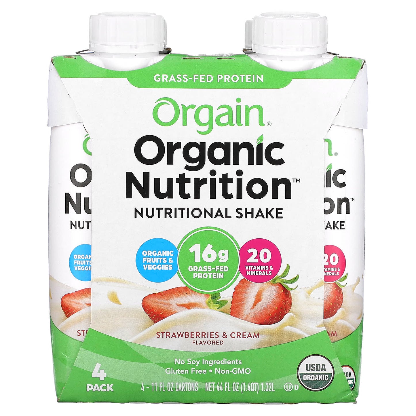 Orgain, Organic Nutrition, Nutritional Shake,  Strawberries & Cream, 4 Pack, 11 fl oz (330 ml) Each - Image 1