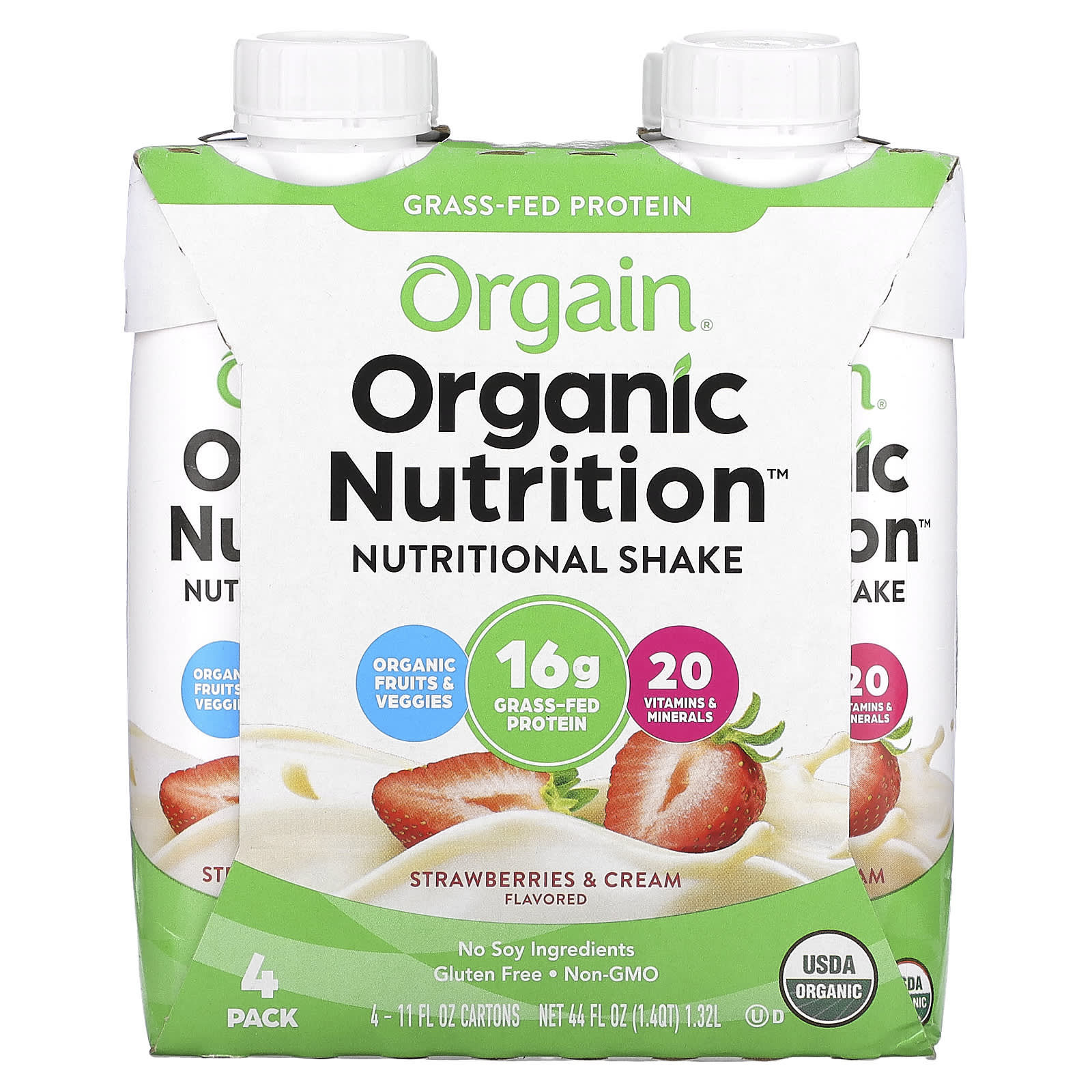 Orgain, Organic Nutrition, Nutritional Shake,  Strawberries & Cream, 4 Pack, 11 fl oz (330 ml) Each - Image 1