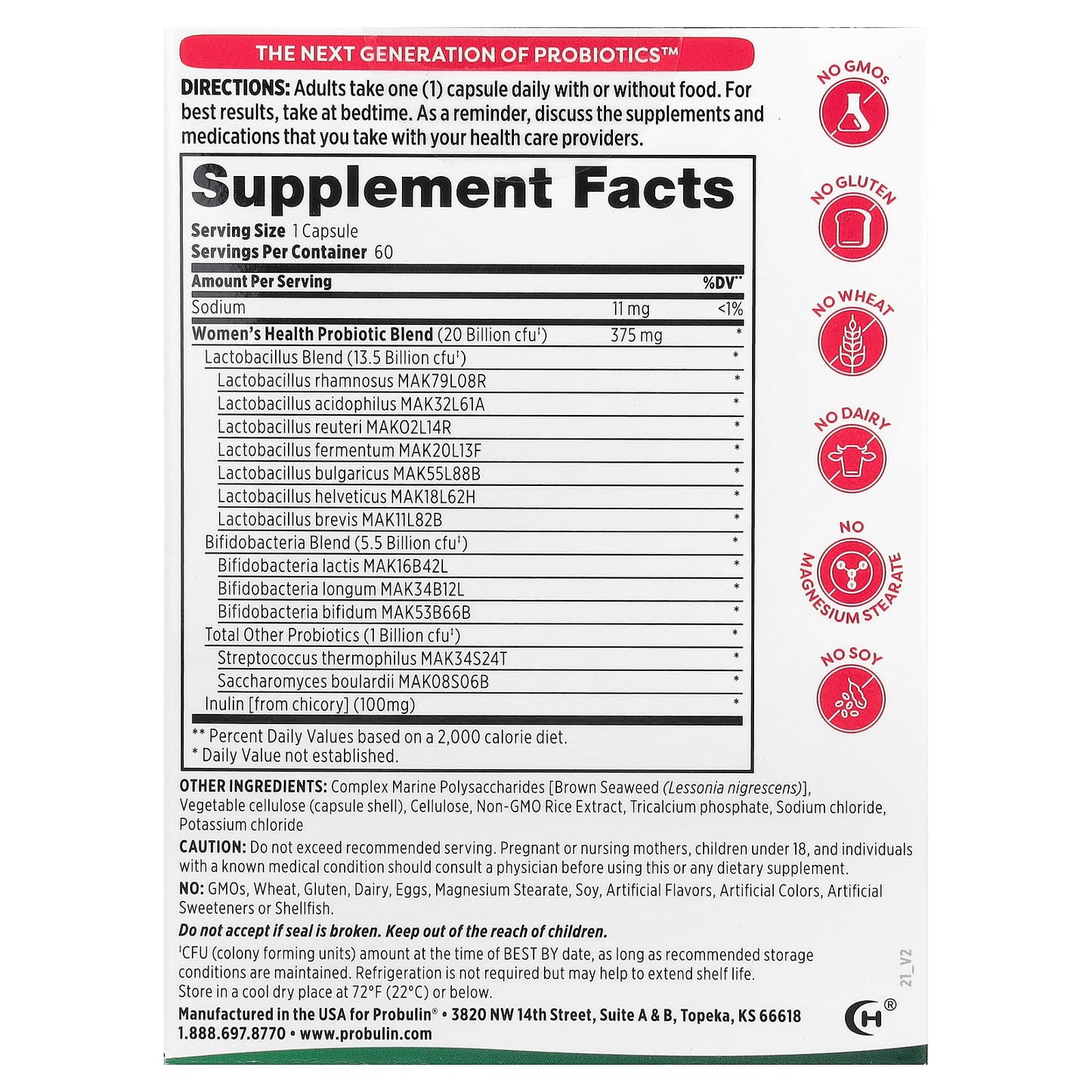 Probulin, Women's Health Probiotic, 20 Billion CFU, 60 Capsules - Image 2