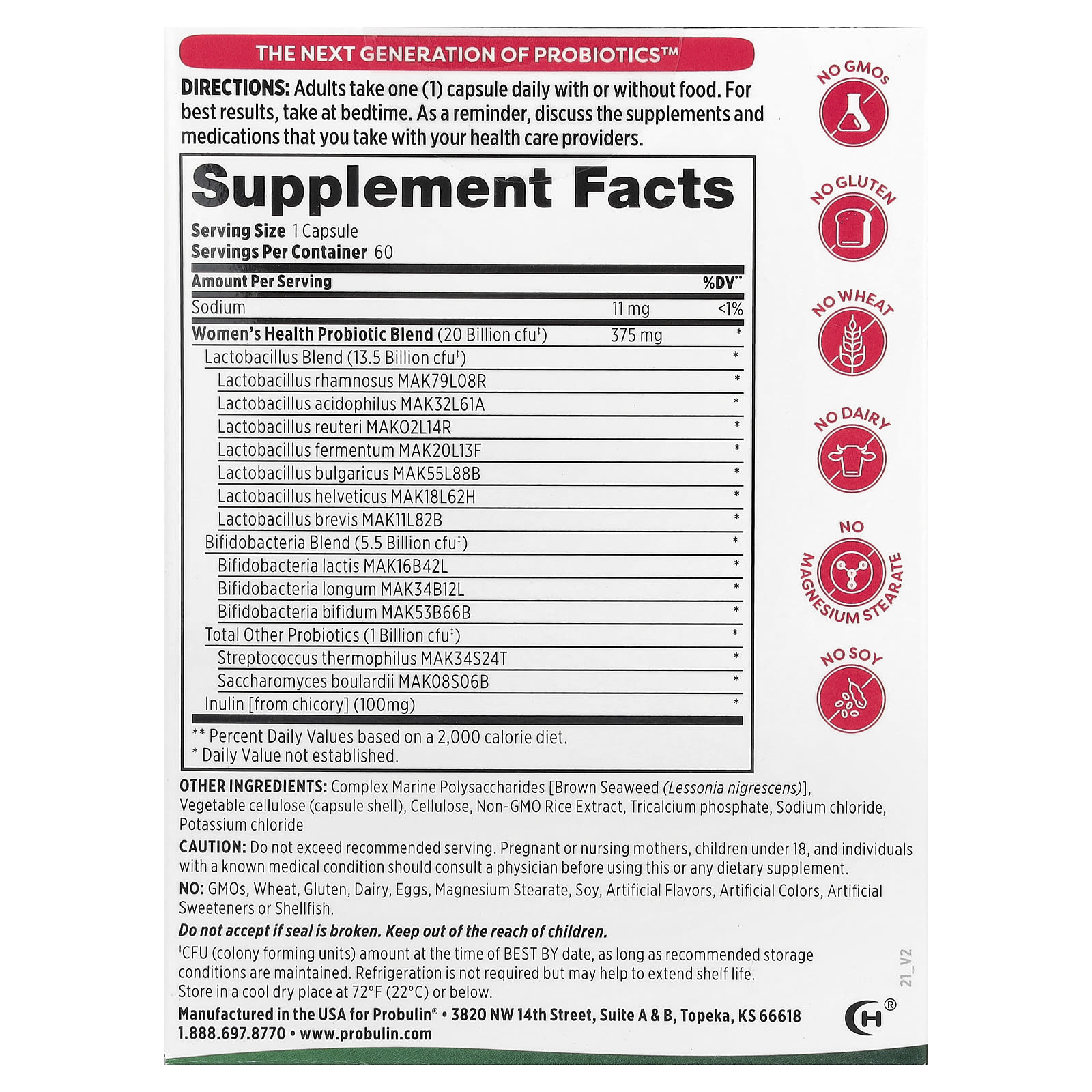 Probulin, Women's Health Probiotic, 20 Billion CFU, 60 Capsules - Image 2