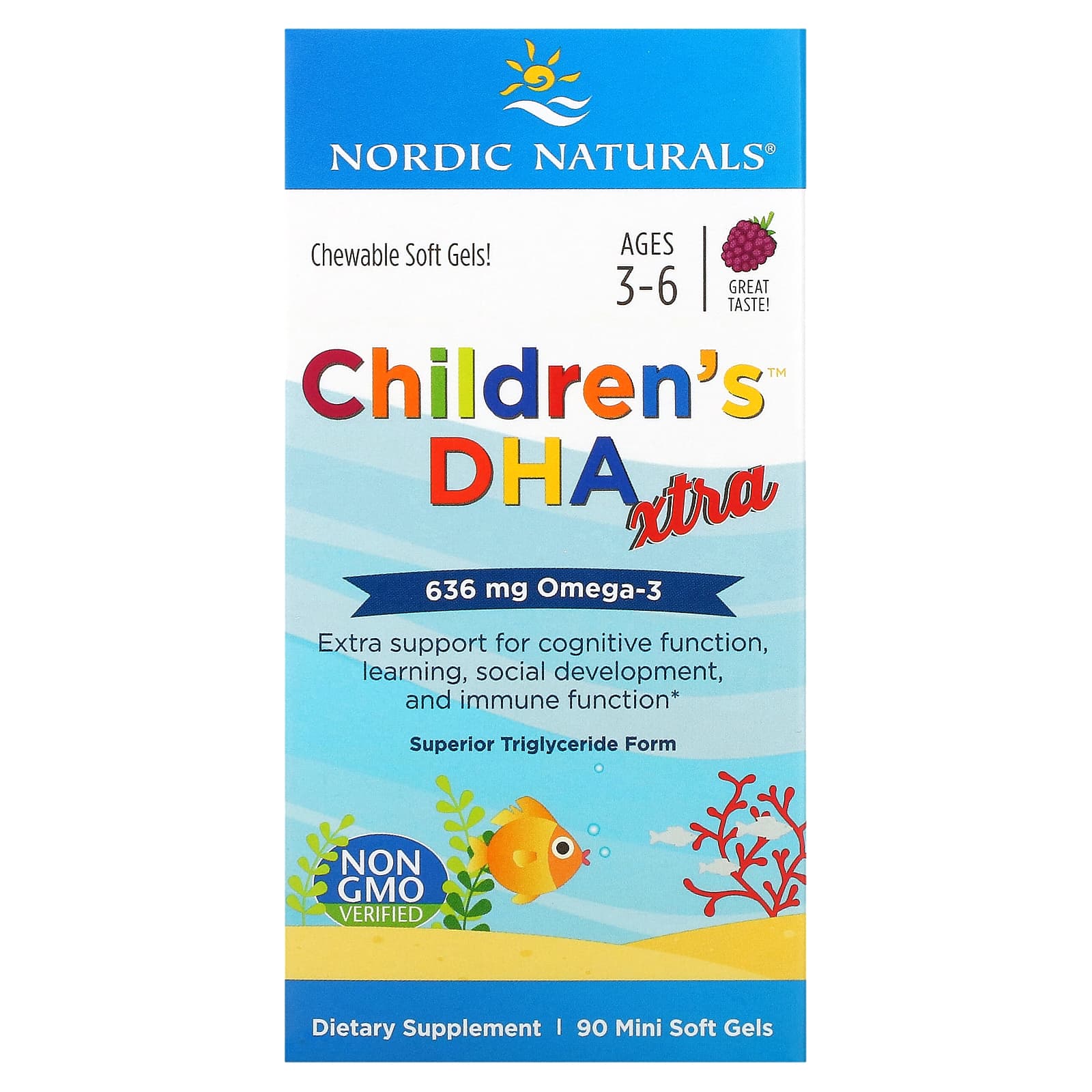 Nordic Naturals, Children's DHA Xtra, Ages 3-6, Berry, 636 mg, 90 Mini Soft Gels - Image 1