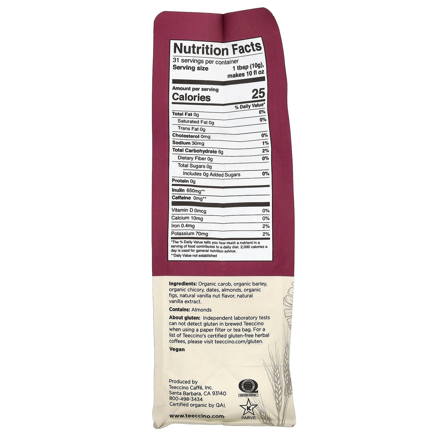 Teeccino, Chicory Herbal Coffee, Vanilla Nut, Medium Roast, Caffeine Free, 11 oz (312 g) - Image 2