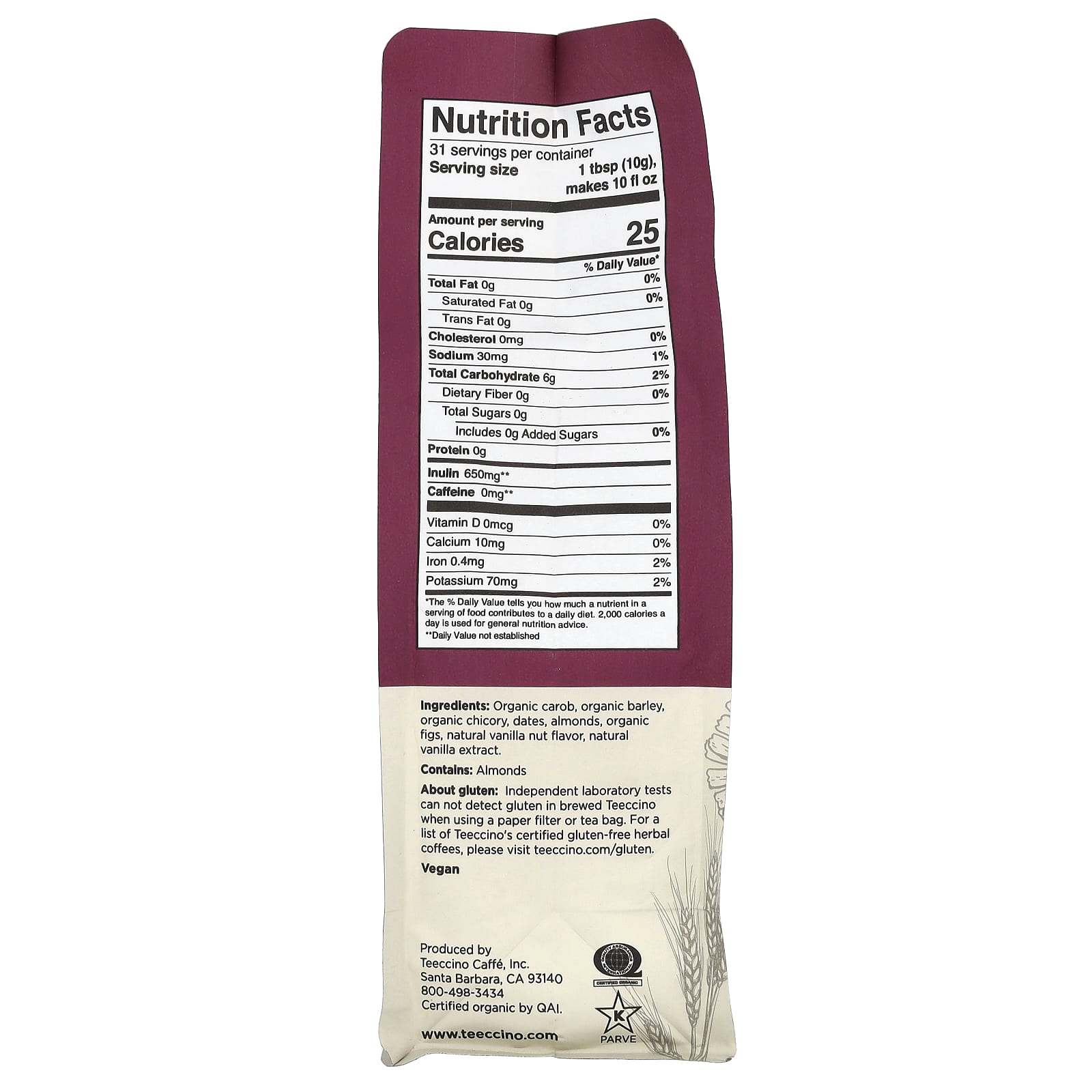 Teeccino, Chicory Herbal Coffee, Vanilla Nut, Medium Roast, Caffeine Free, 11 oz (312 g) - Image 2
