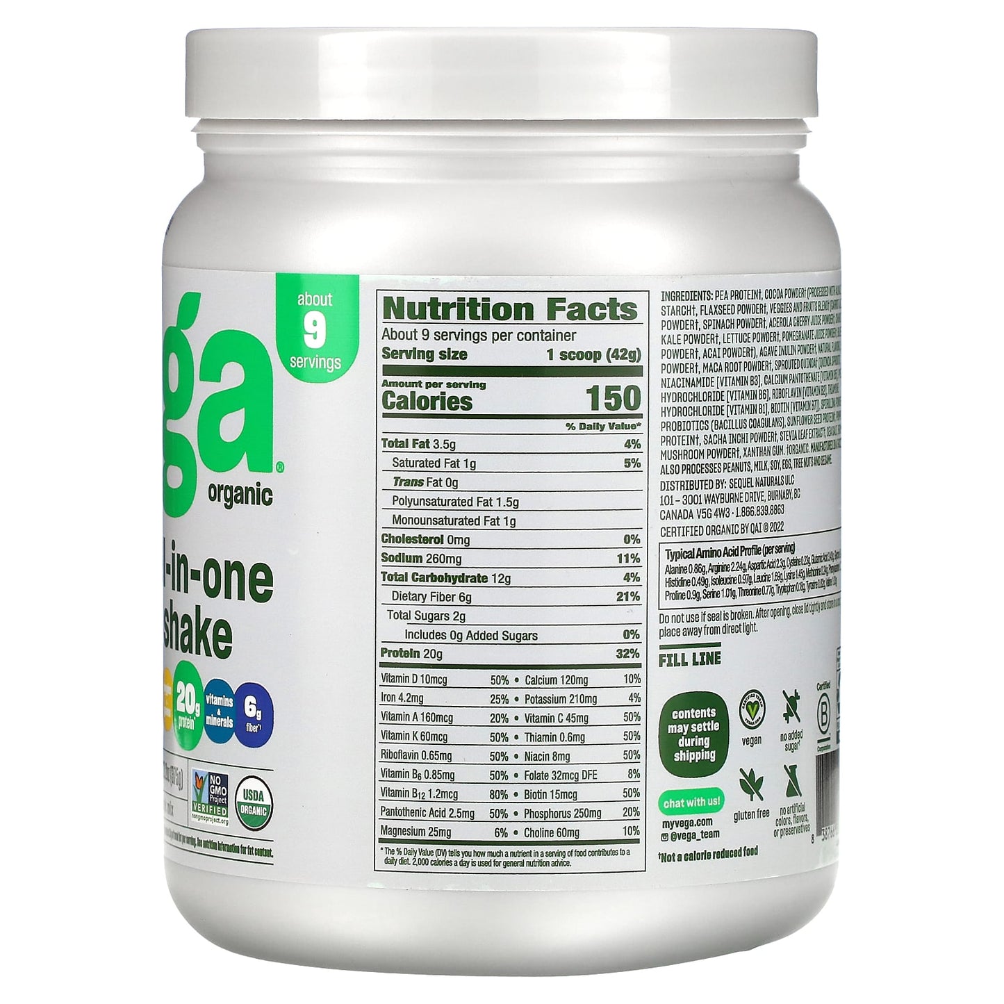 Vega, Organic, All-in-One Shake, Chocolate, 13.2 oz (375 g) - Image 2