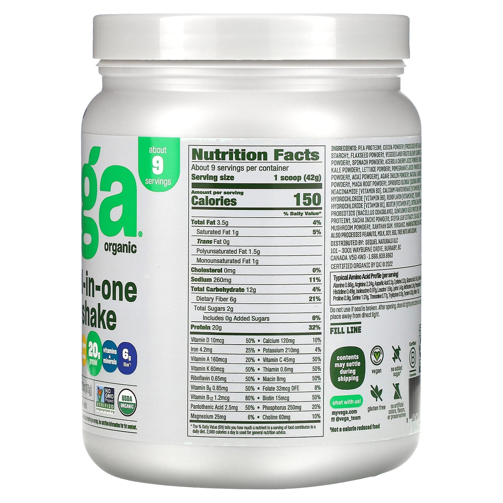 Vega, Organic, All-in-One Shake, Chocolate, 13.2 oz (375 g) - Image 2