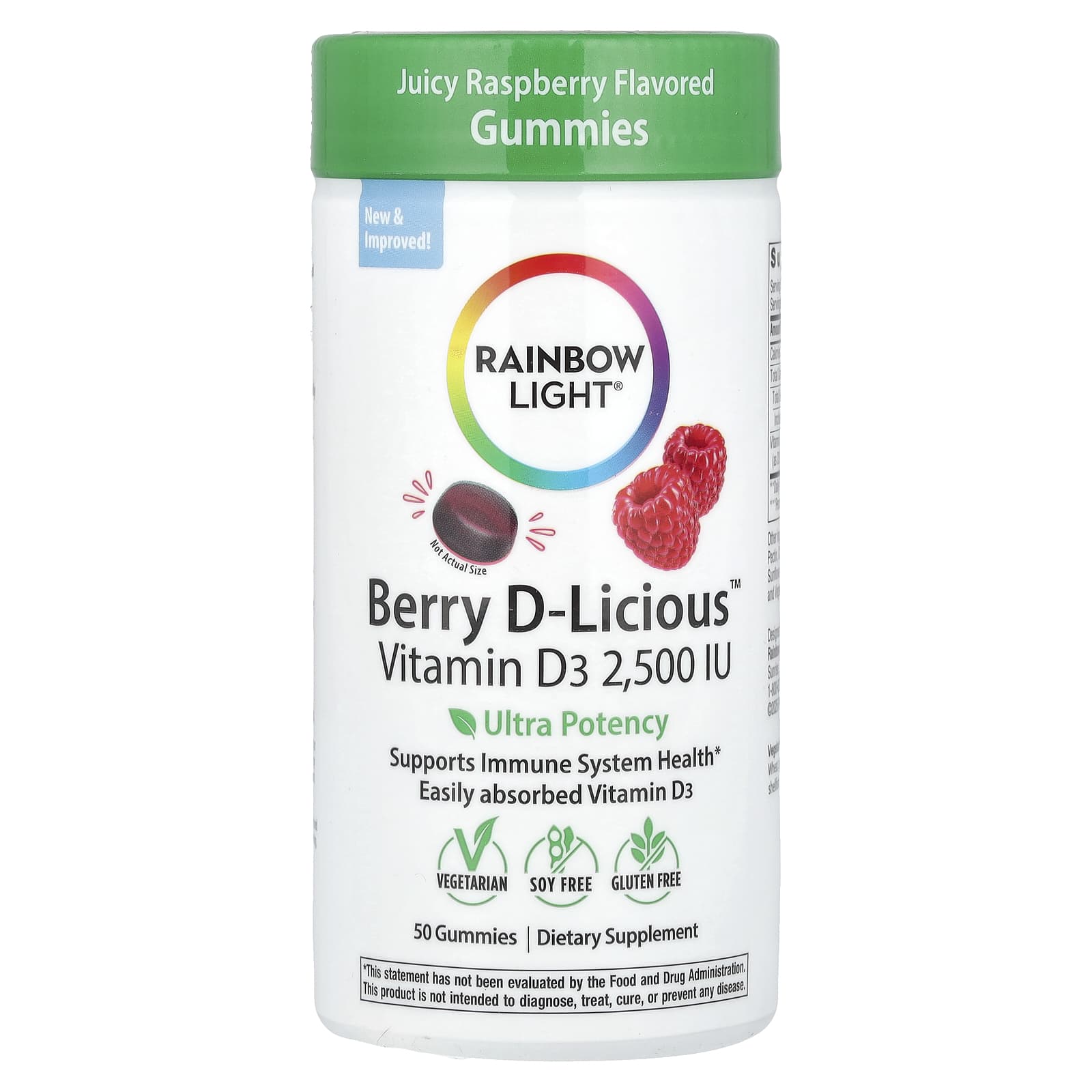 Rainbow Light, Berry D-Licious™, Vitamin D3, Juicy Raspberry, 62.5 mcg (2,500 IU), 50 Gummies - Image 1