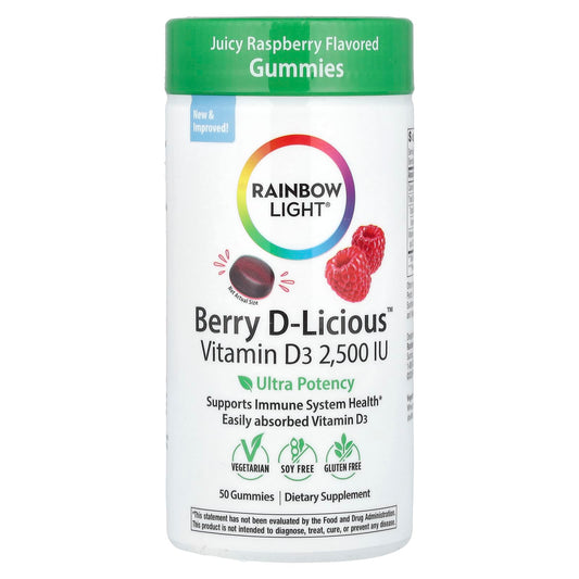Rainbow Light, Berry D-Licious™, Vitamin D3, Juicy Raspberry, 62.5 mcg (2,500 IU), 50 Gummies - Image 1