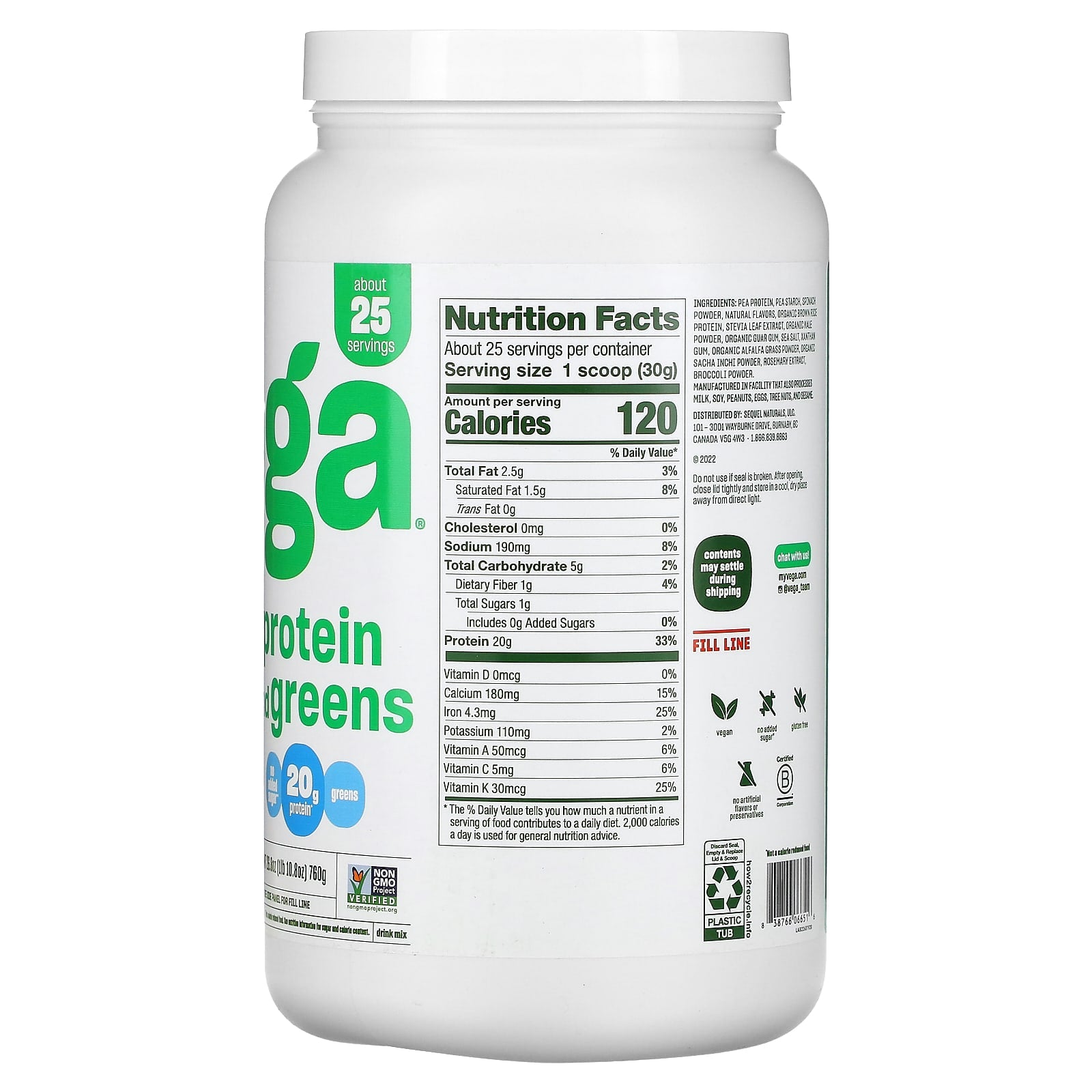 Vega, Plant Based Protein and Greens, Vanilla, 26.8 oz (760 g) - Image 2