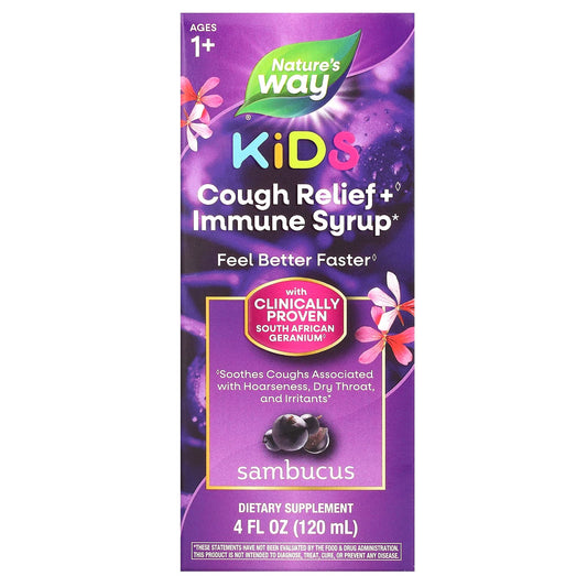 Nature's Way, Kids, Cough Relief + Immune Syrup, Ages 1+, Sambucus, 4 fl oz (120 ml) - Image 1