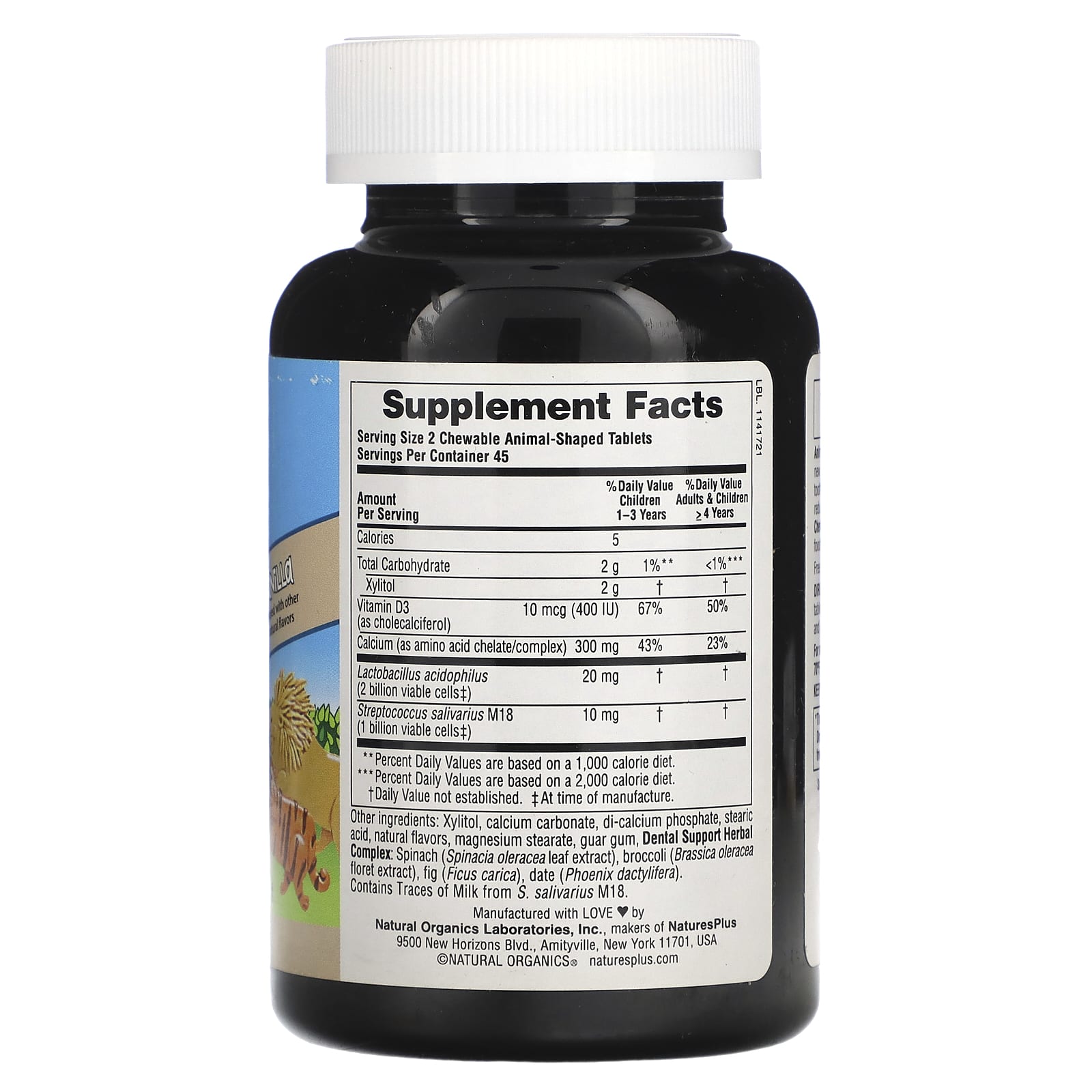 NaturesPlus, Source of Life, Animal Parade, Children's Chewable Tooth Fairy Probiotic, Vitamin D3 & Calcium, Vanilla, 90 Animal-Shaped Tablets - Image 2