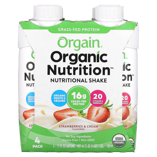 Orgain, Organic Nutrition, Nutritional Shake,  Strawberries & Cream, 4 Pack, 11 fl oz (330 ml) Each - Image 1