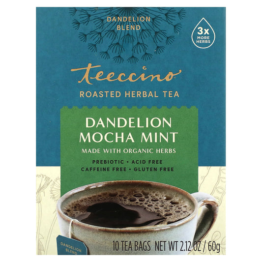 Teeccino, Roasted Herbal Tea, Dandelion Mocha Mint, Caffeine Free, 10 Tea Bags, 2.12 oz (60 g) - Image 1