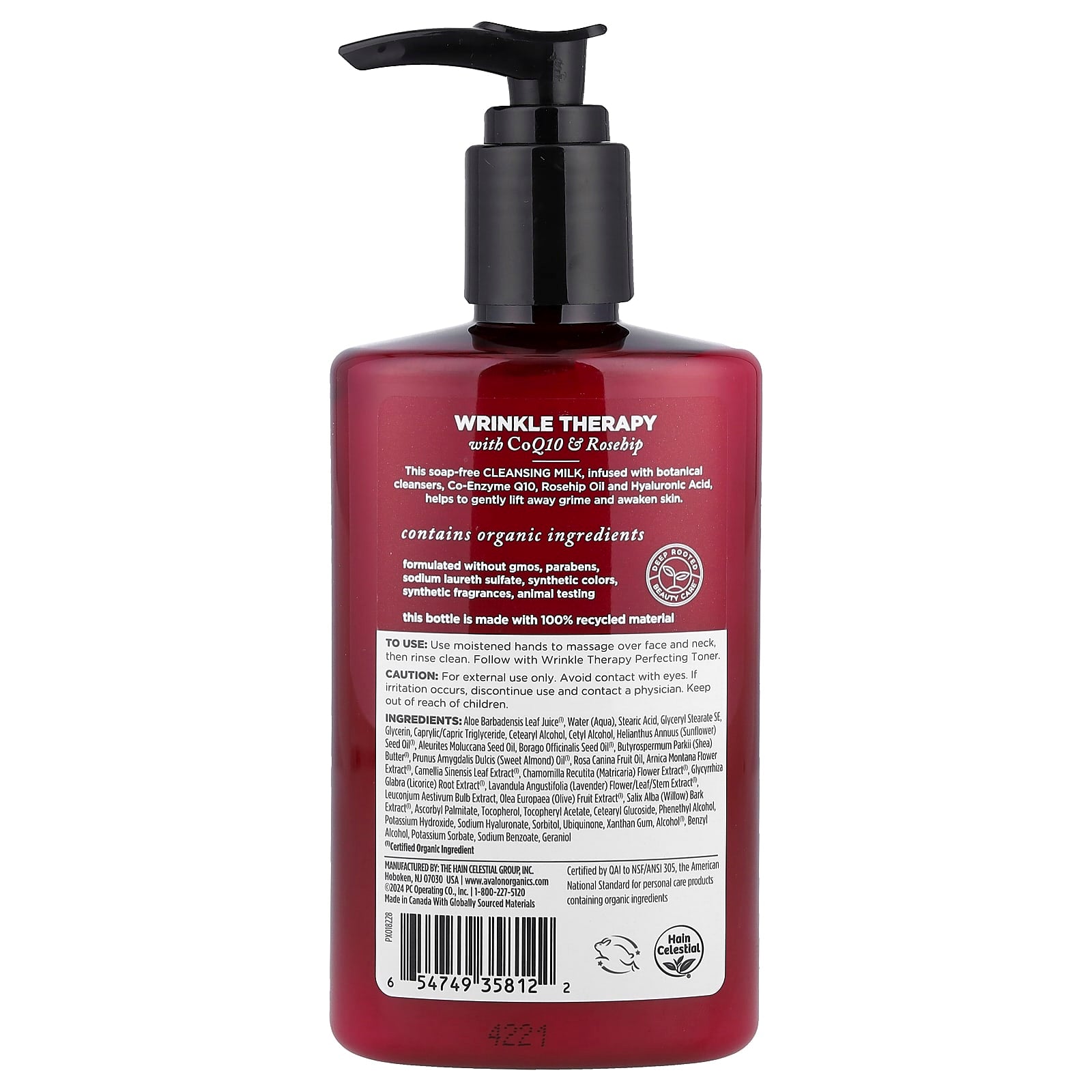 Avalon Organics Wrinkle Therapy Cleansing Milk, Soothing & Hydrating - Image 2
