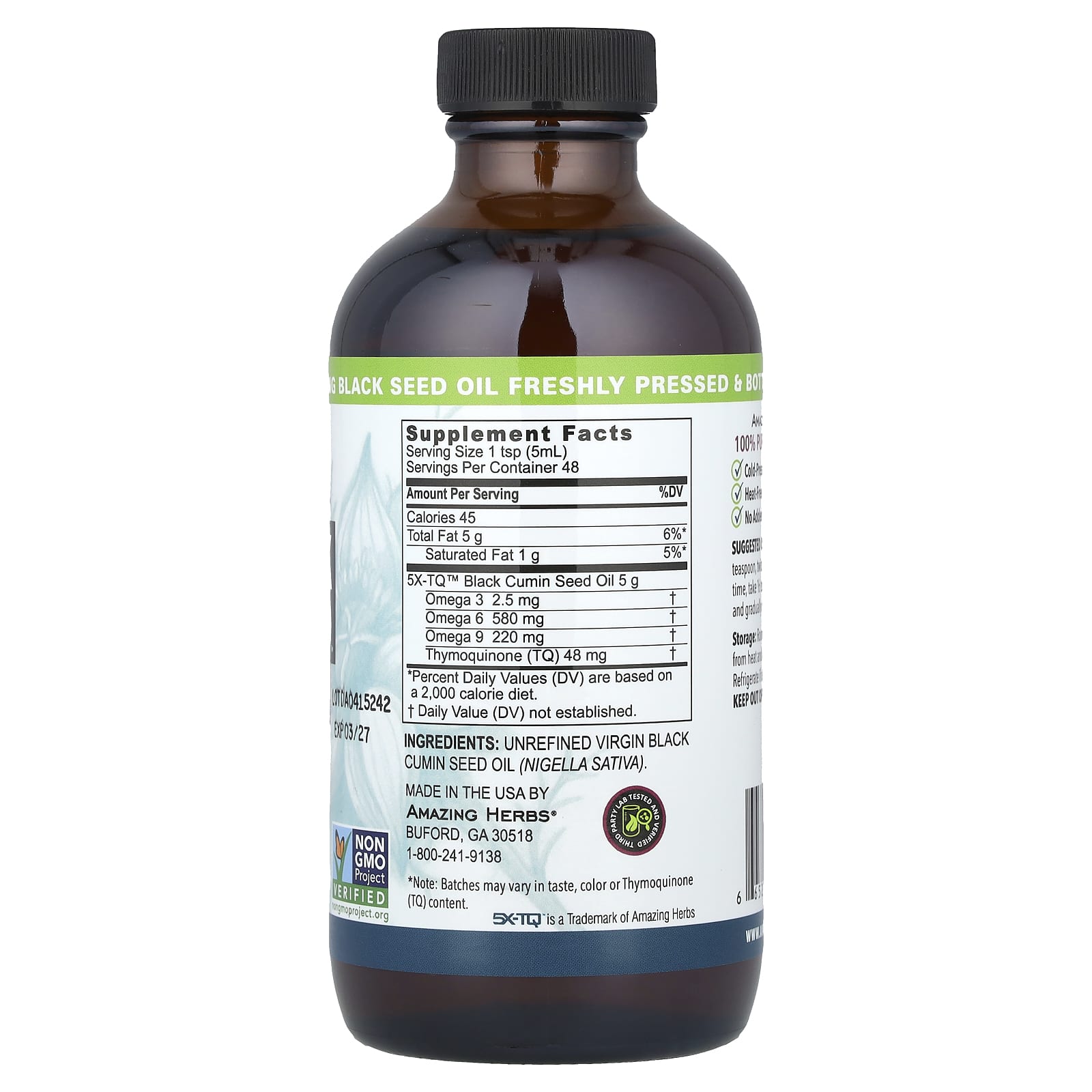 Black Seed Oil by Amazing Herbs - 100% Pure Cold-Pressed, Non-GMO - Image 2