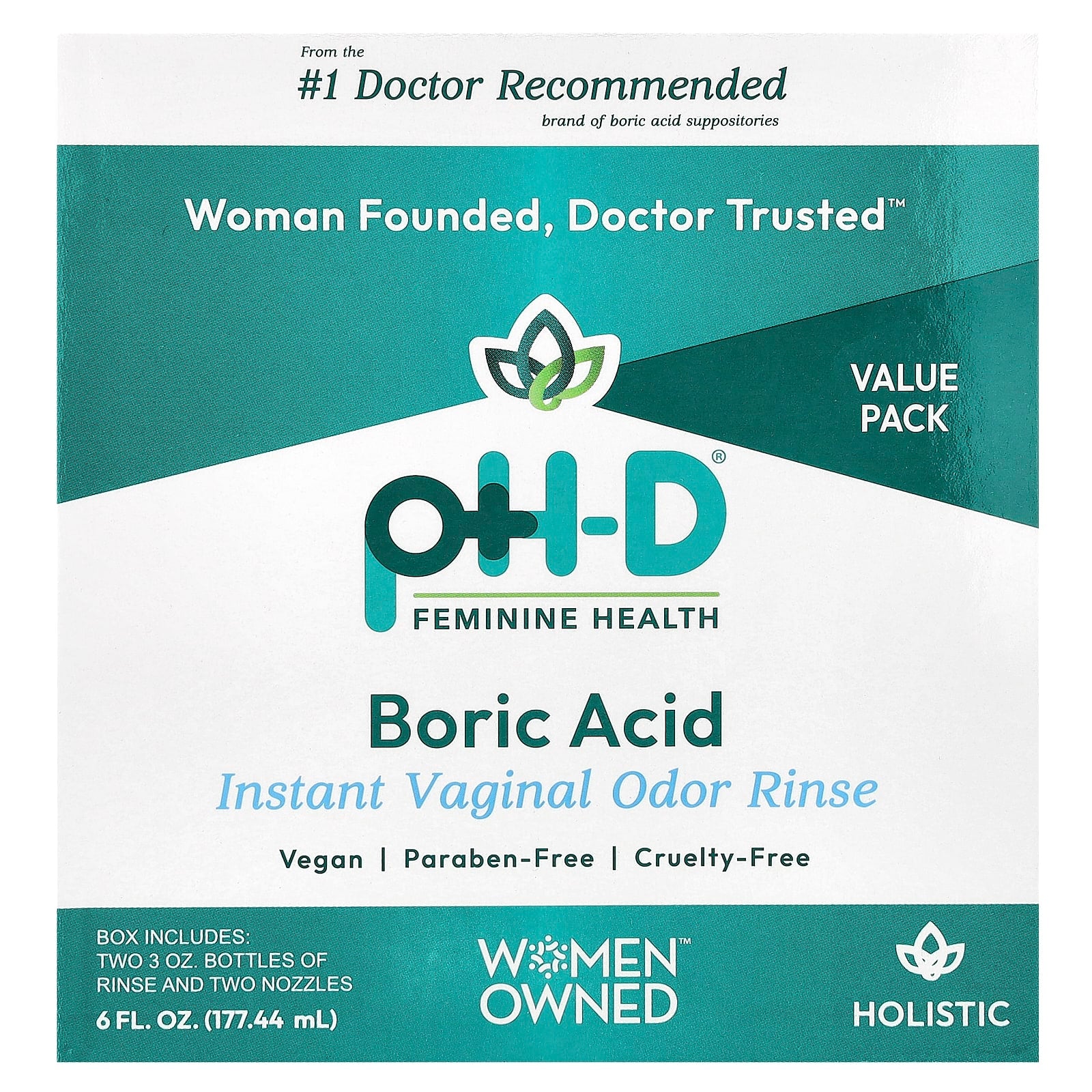 pH-D Feminine Health, Boric Acid, Instant Vaginal Odor Rinse, 2 Bottles & 2 Nozzles , 6 fl oz (177.44 ml) - Image 1