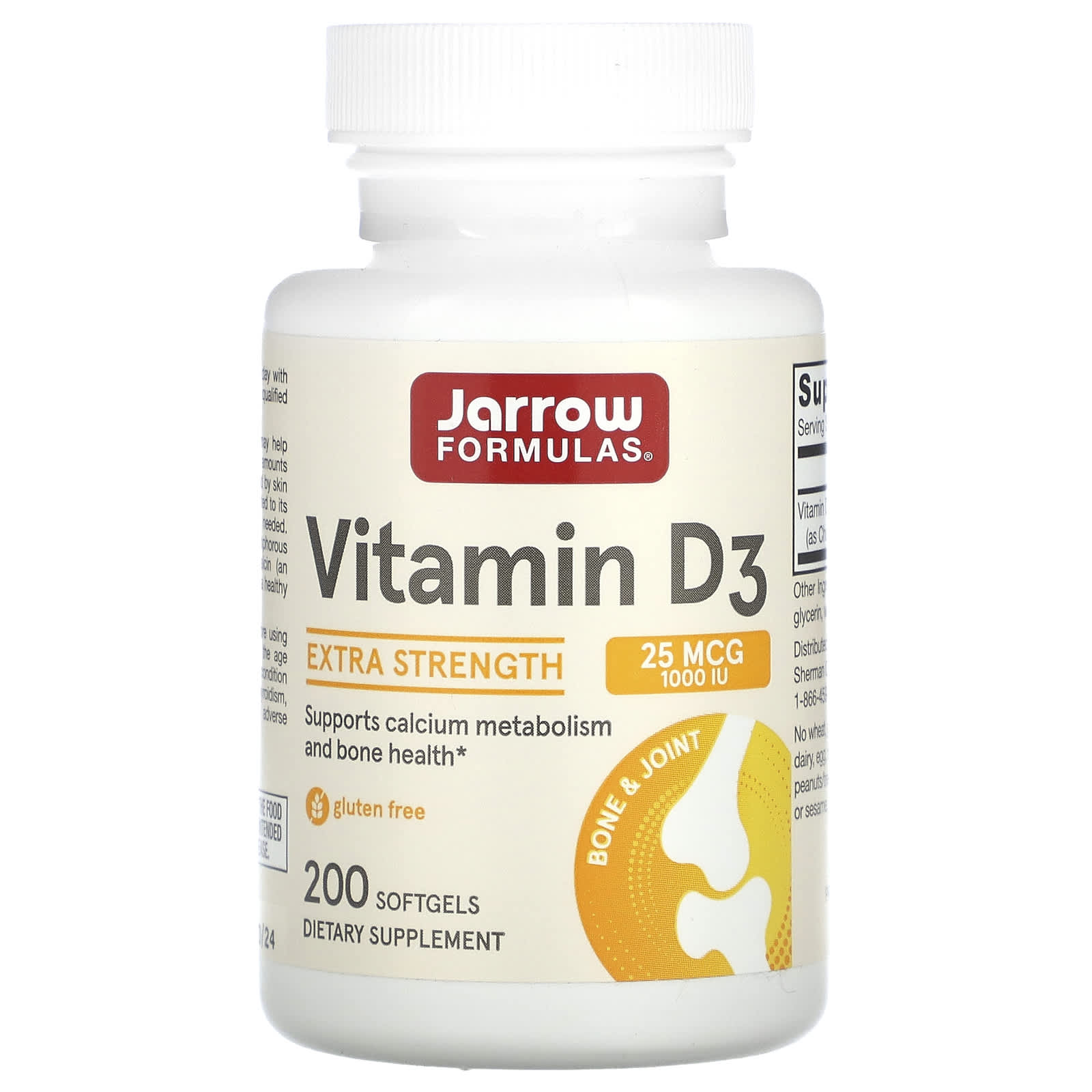 Jarrow Formulas, Vitamin D3, Cholecalciferol, Extra Strength, 25 mcg (1,000 IU), 200 Softgels