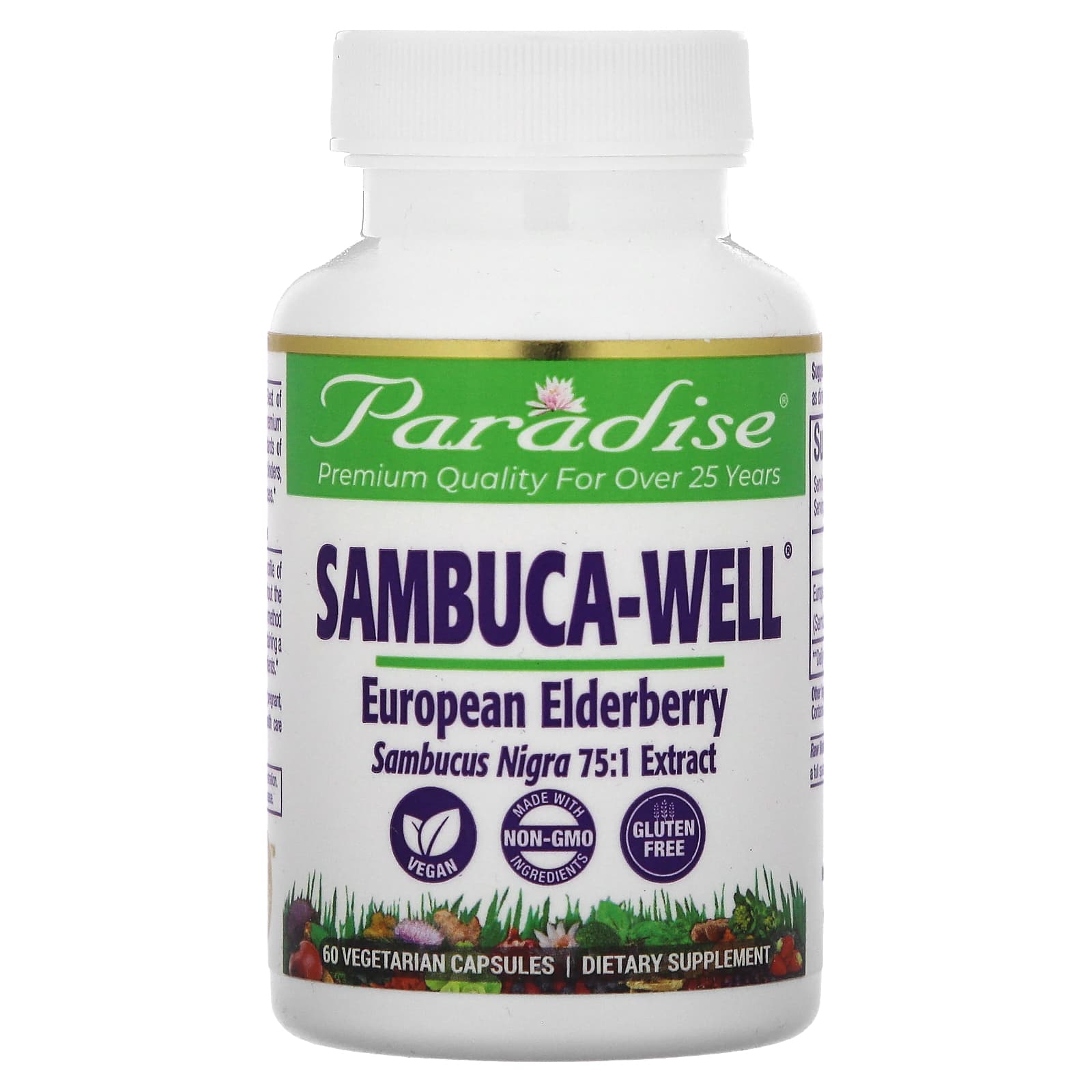 Paradise Herbs, Sambuca-Well, European Elderberry, 250 mg, 60 Vegetarian Capsules - Image 1