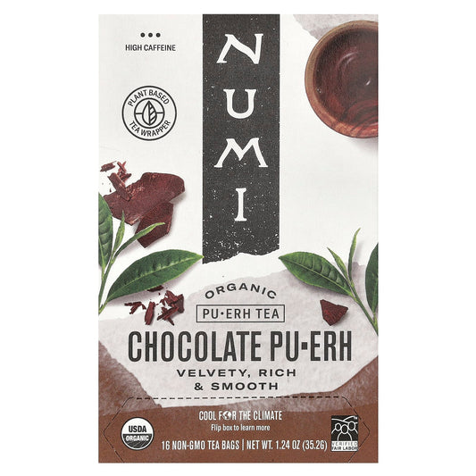 Numi Tea, Organic Pu-Erh Tea, Chocolate Pu-Erh, 16 Non-GMO Tea Bags, 1.24 oz (35.2 g) - Image 1