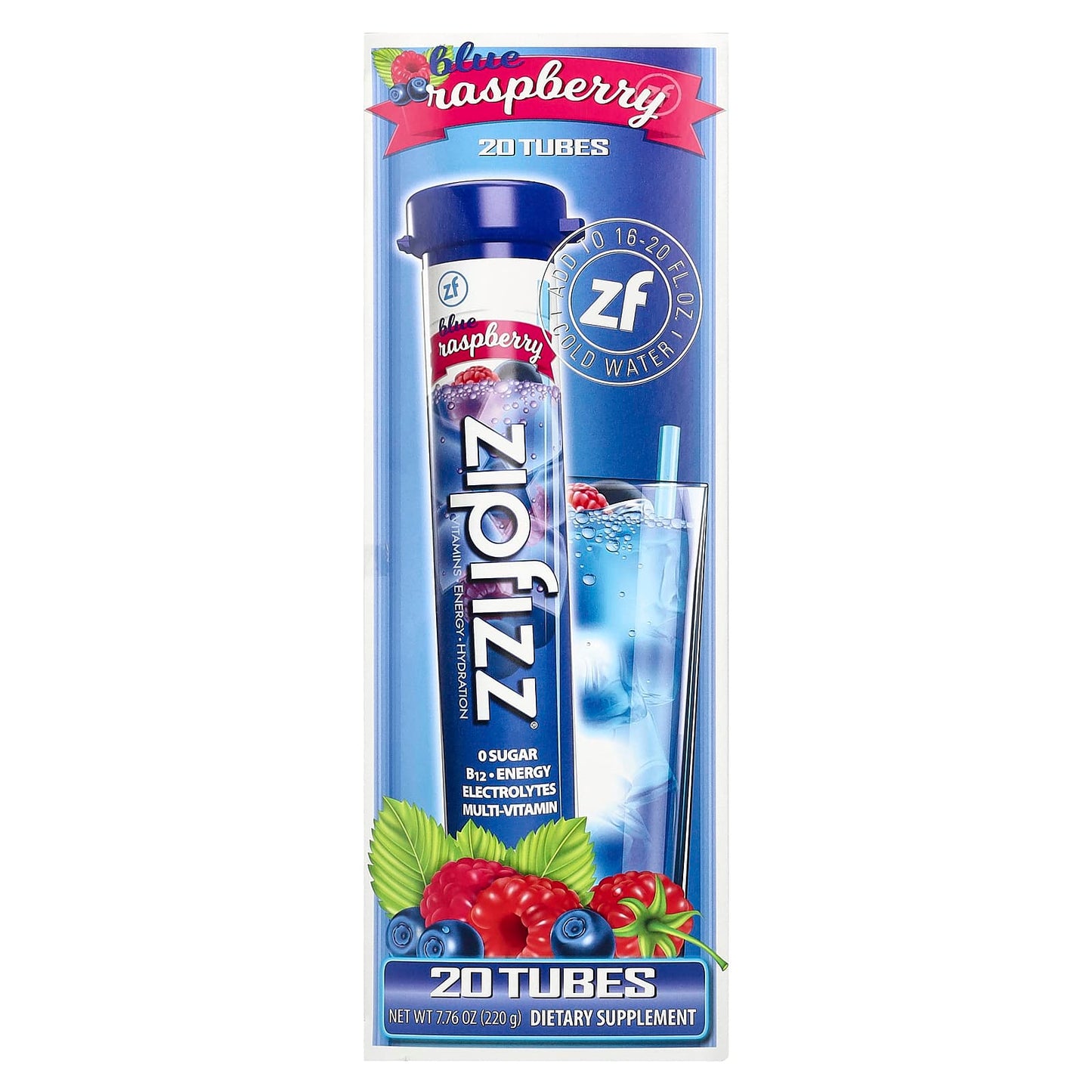 Zipfizz, Energy Drink Mix, Blueberry Raspberry, 20 Tubes, 0.39 oz (11 g) Each - Image 1