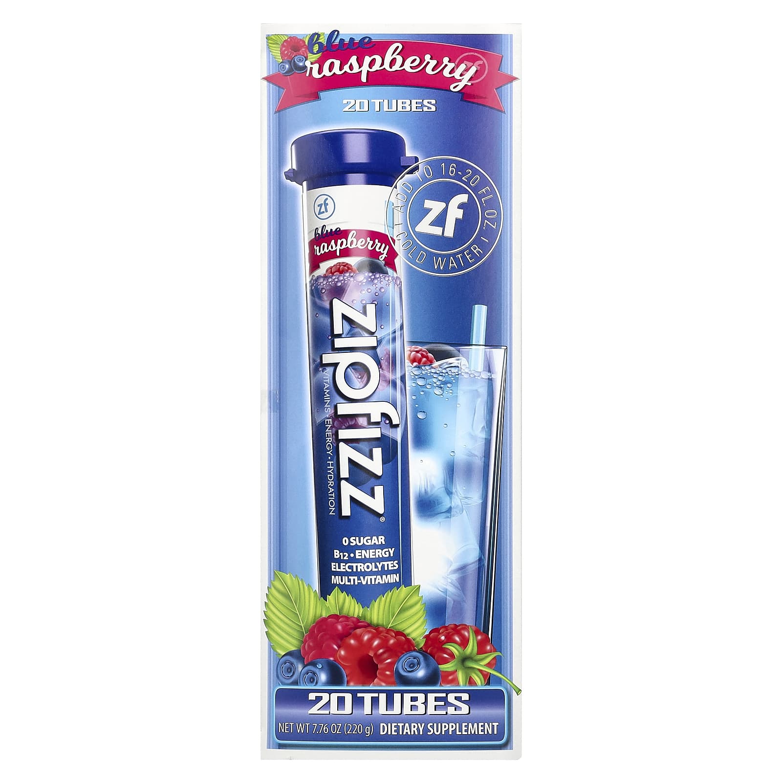 Zipfizz, Energy Drink Mix, Blueberry Raspberry, 20 Tubes, 0.39 oz (11 g) Each - Image 1
