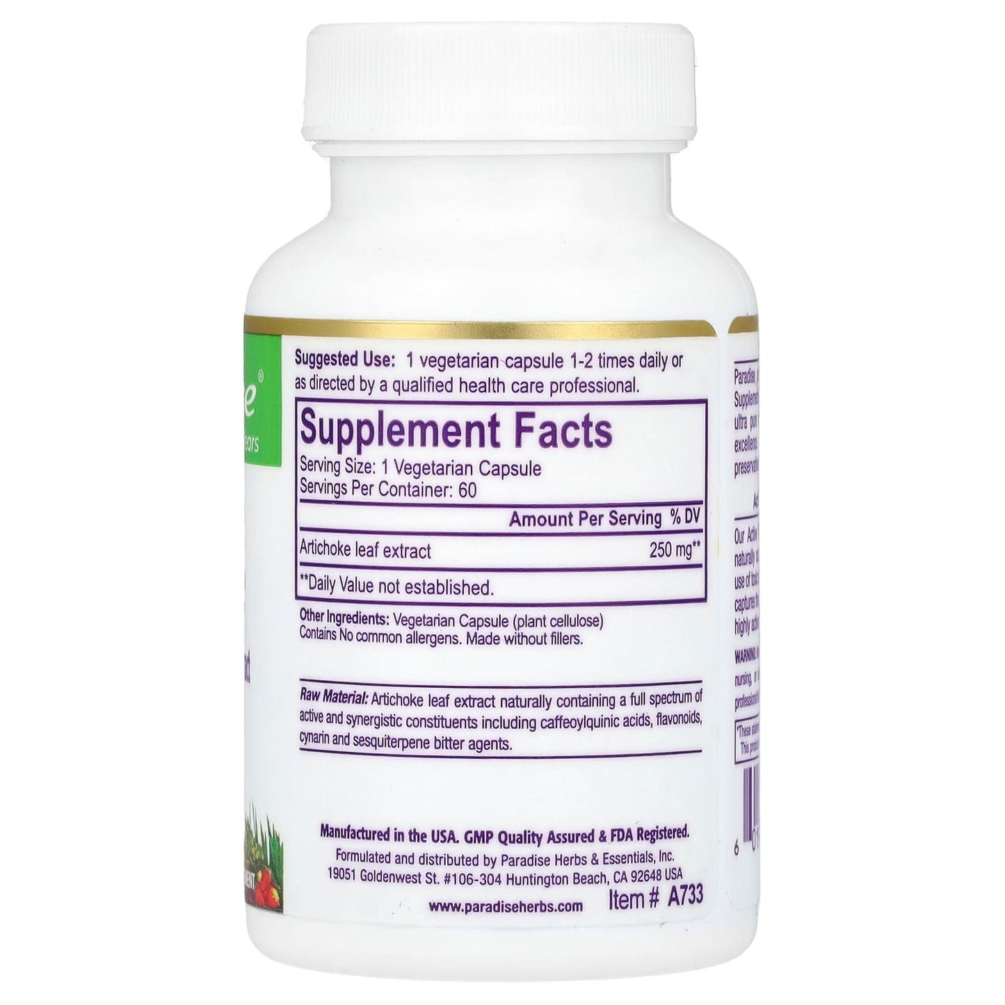 Paradise Herbs, Artichoke, 60 Vegetarian Capsules (250 mg per Capsule) - Image 2