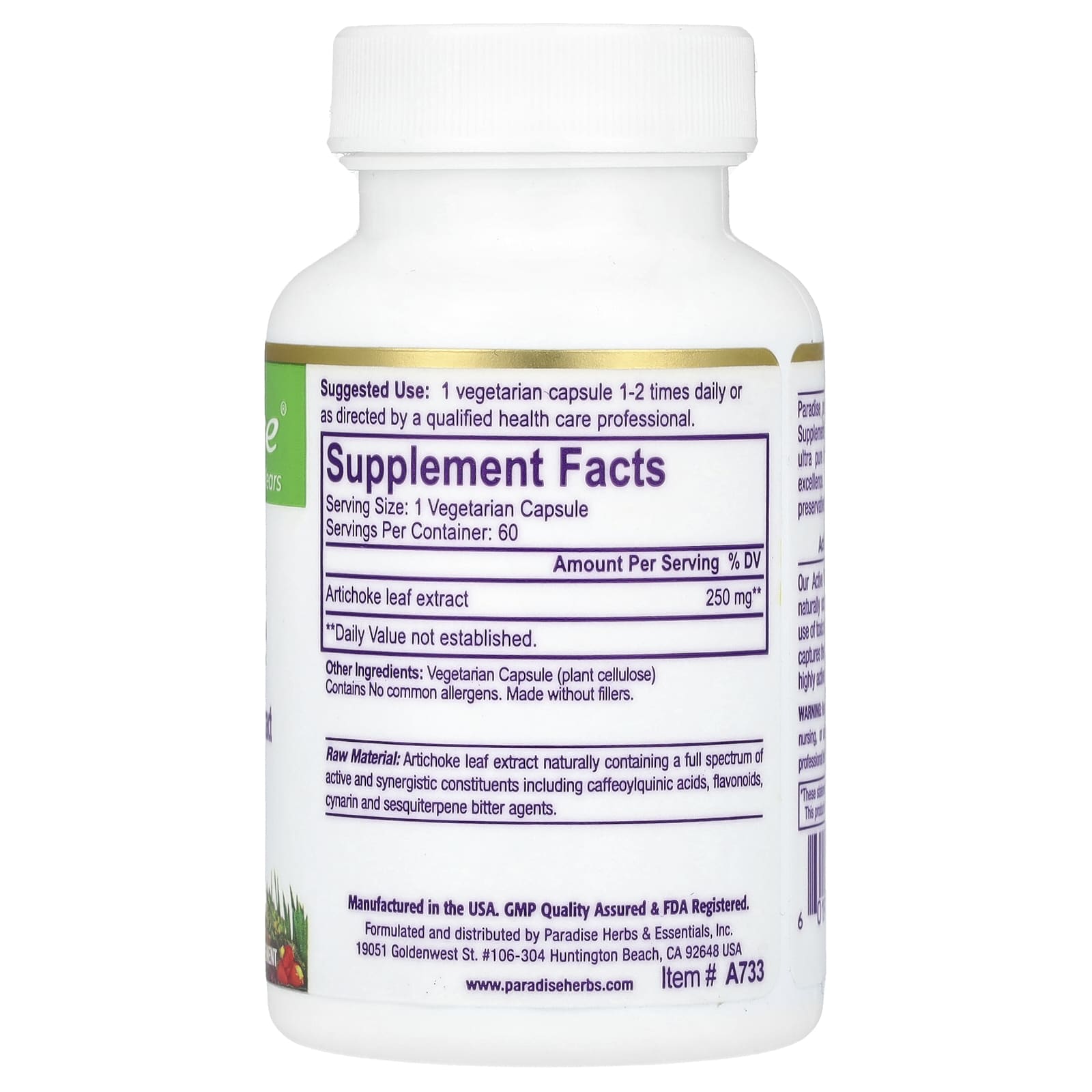 Paradise Herbs, Artichoke, 60 Vegetarian Capsules (250 mg per Capsule) - Image 2