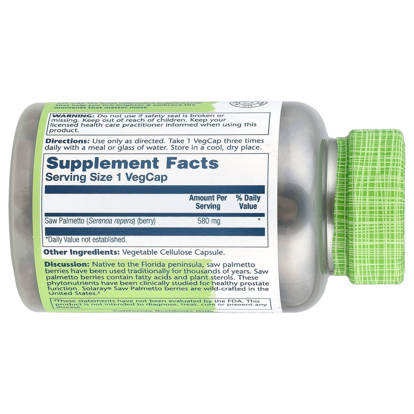 Solaray, True Herbs, Saw Palmetto, 580 mg, 180 VegCaps - Image 2
