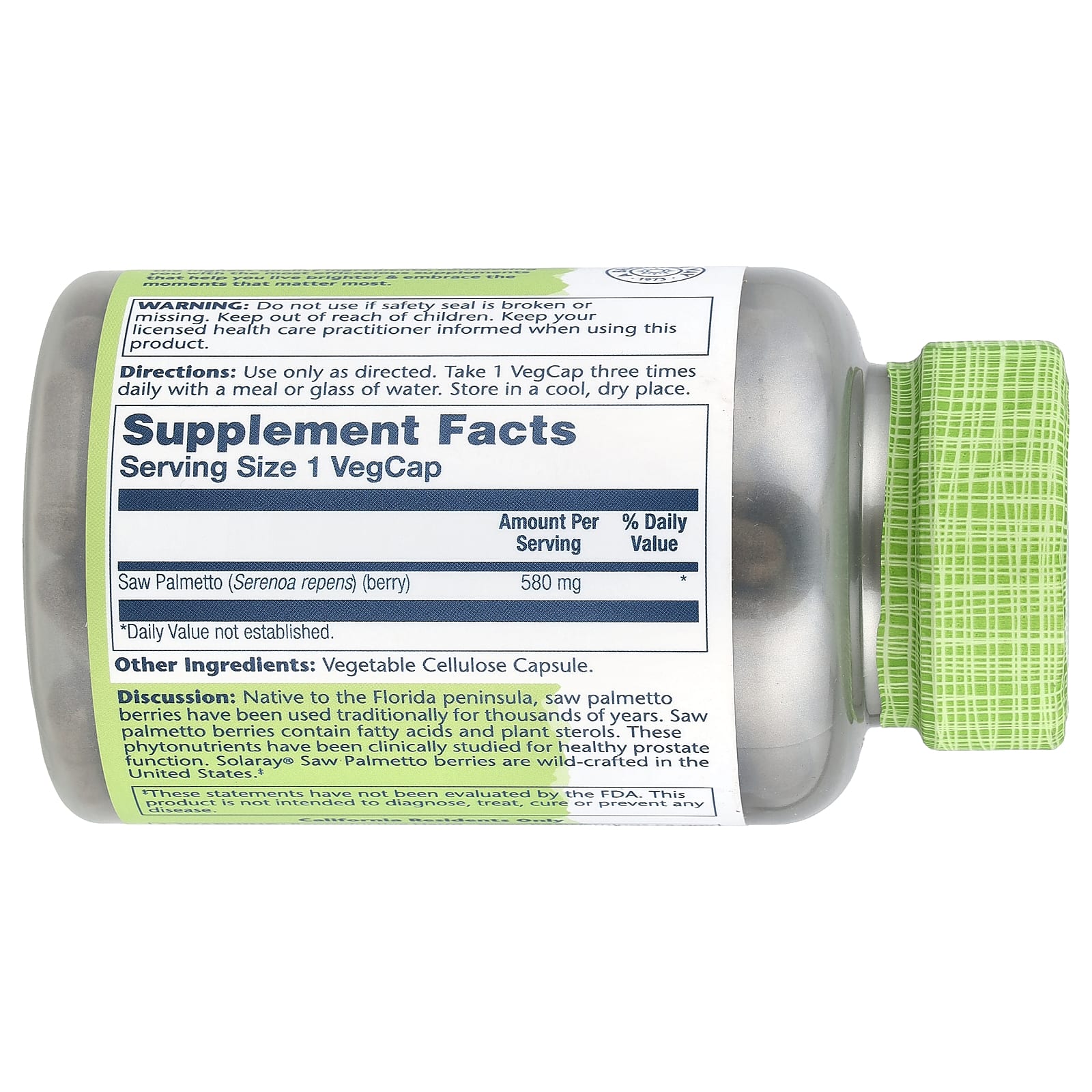 Solaray, True Herbs, Saw Palmetto, 580 mg, 180 VegCaps - Image 2