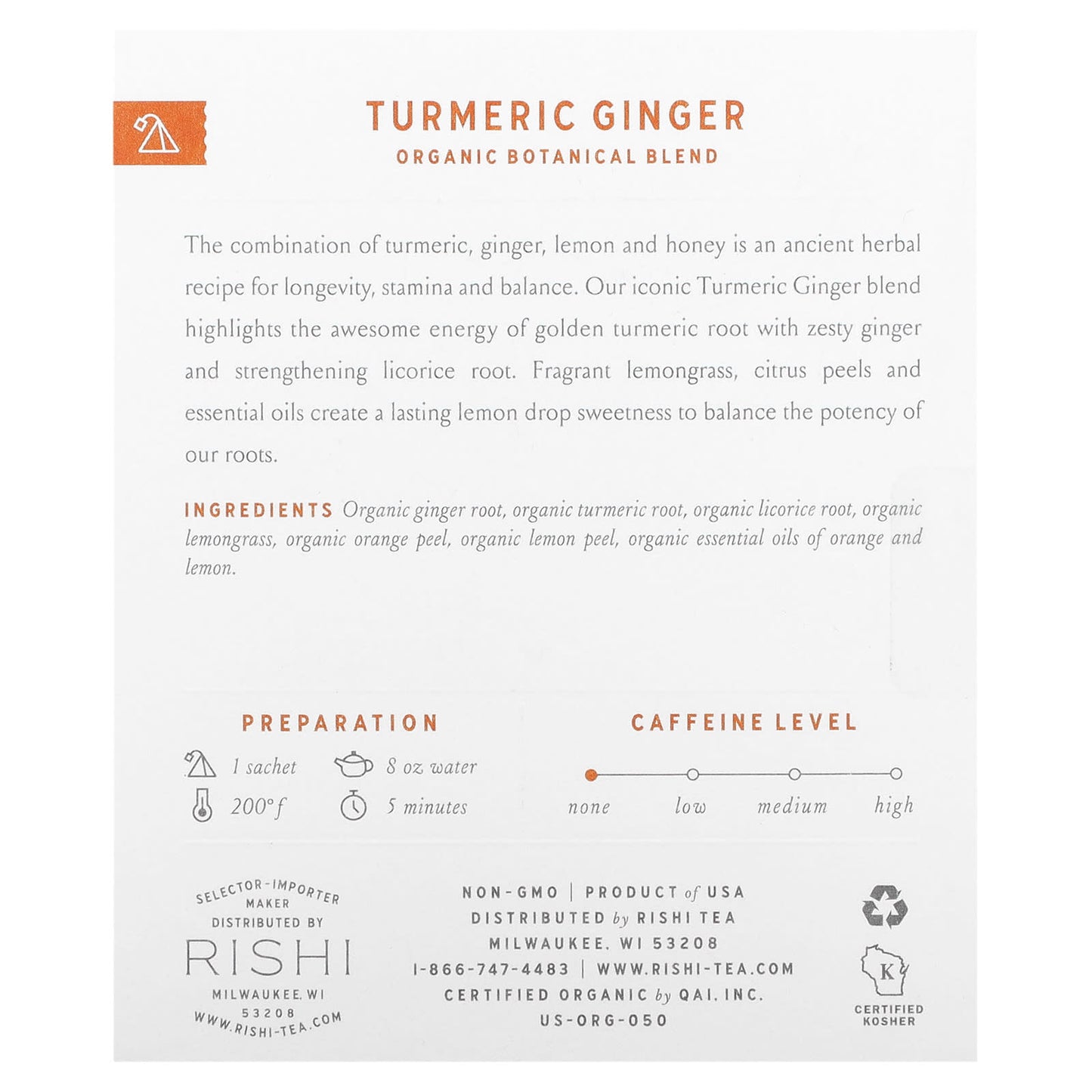 Rishi Tea, Organic Botanical Blend, Turmeric Ginger, Caffeine-Free, 15 Sachets, 1.64 oz (46.5 g) - Image 2