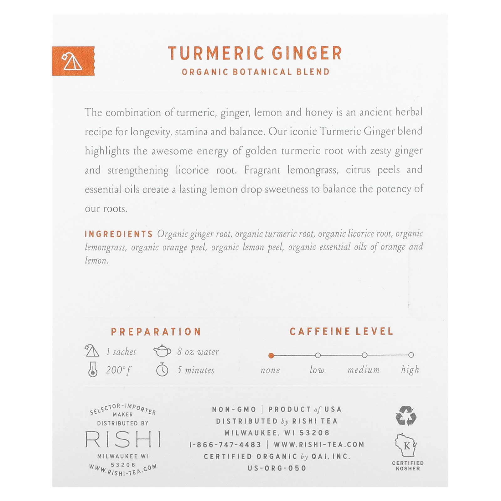 Rishi Tea, Organic Botanical Blend, Turmeric Ginger, Caffeine-Free, 15 Sachets, 1.64 oz (46.5 g) - Image 2