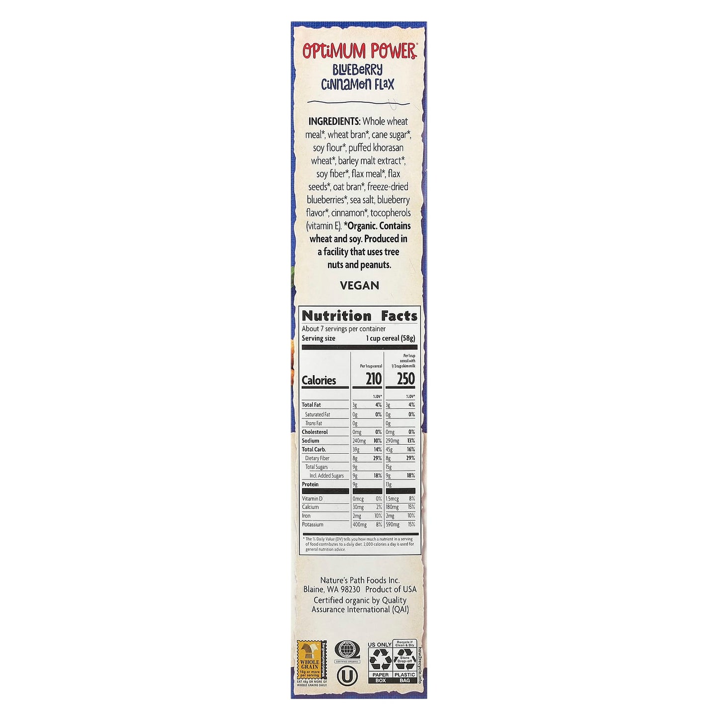 Nature's Path, Organic Optimum Power® Cereal, Blueberry Cinnamon Flax, 14 oz (400 g) - Image 2