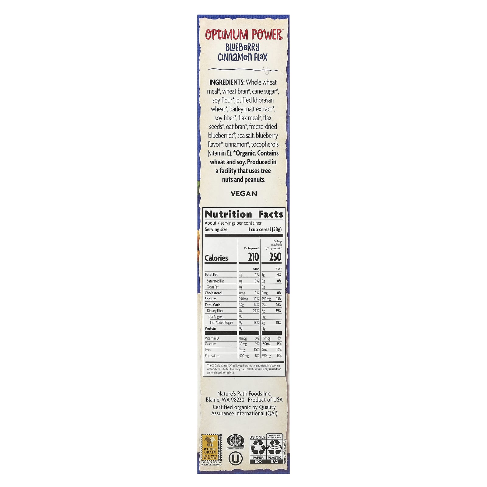 Nature's Path, Organic Optimum Power® Cereal, Blueberry Cinnamon Flax, 14 oz (400 g) - Image 2