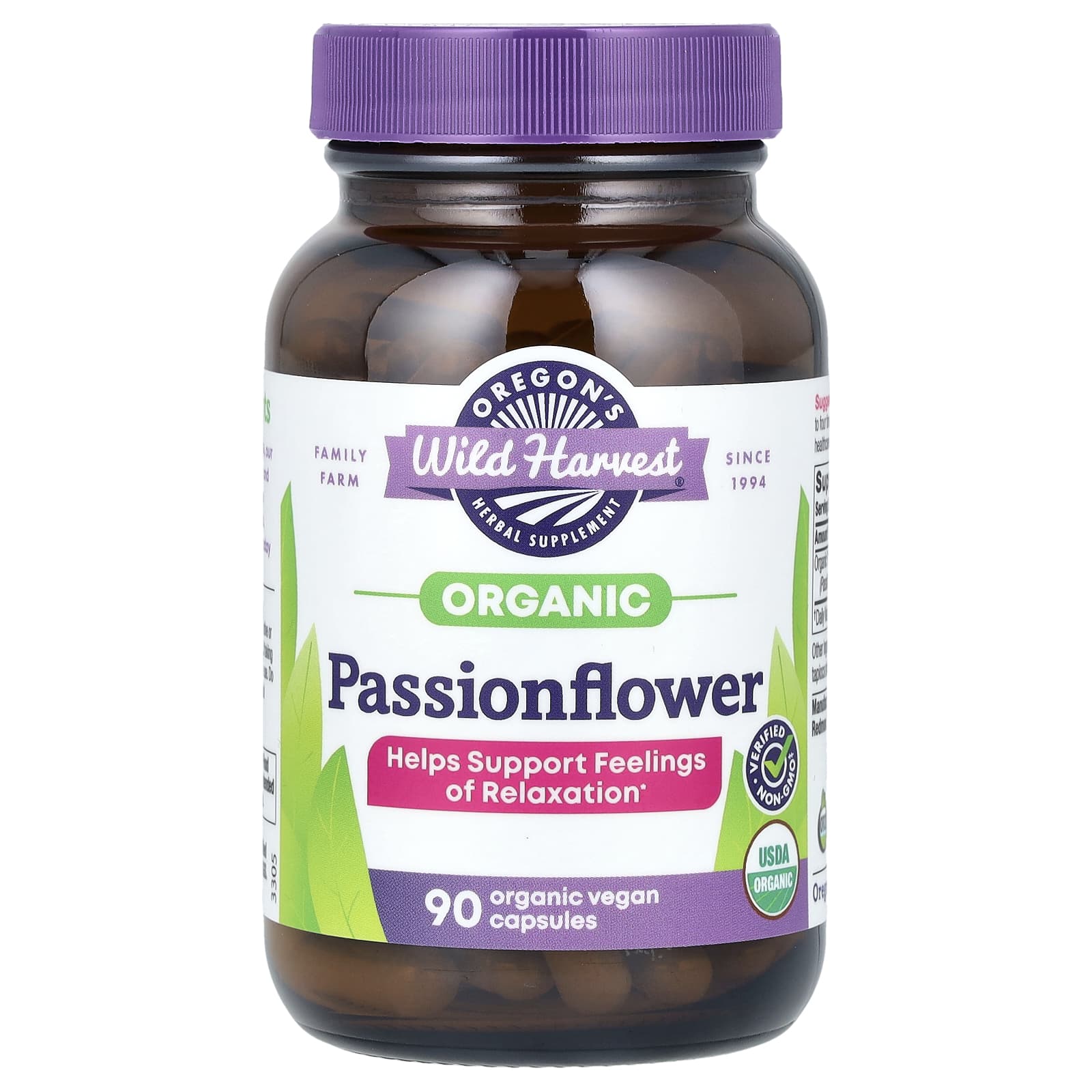 Oregon's Wild Harvest, Organic Passionflower, 90 Organic Vegan Capsules (400 mg per Capsule) - Image 1